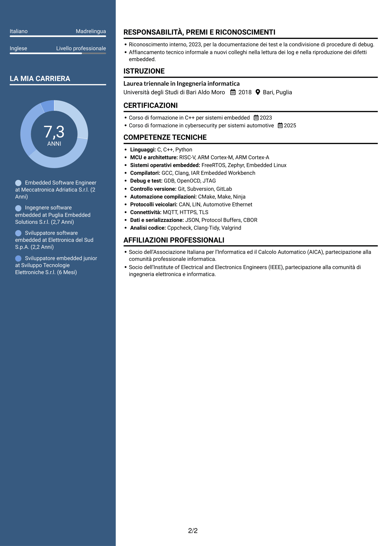CV Elegante (formato con colonna laterale colorata e foto): Embedded Software Engineer - Piattaforme software automotive, pagina 2