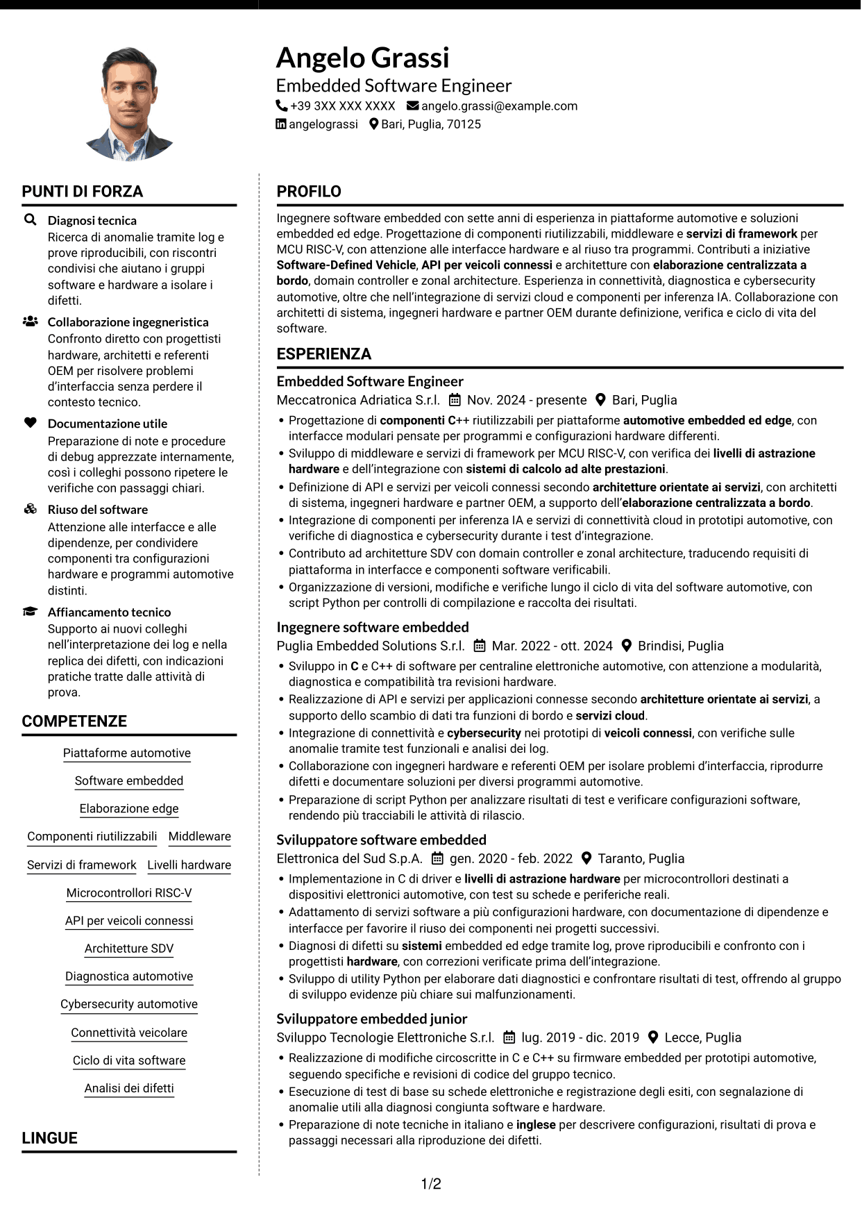 CV Moderno (formato a due colonne con foto a sinistra e separatore): Embedded Software Engineer - Piattaforme software automotive, pagina 1