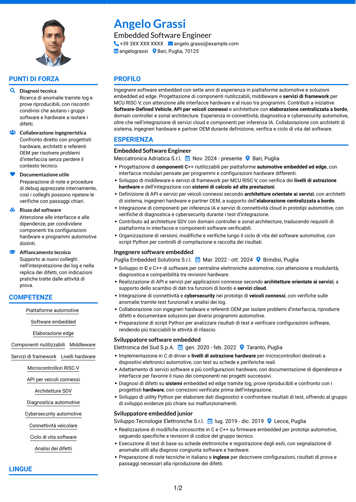 CV Audace (formato a due colonne con accenti colorati e foto): Embedded Software Engineer - Piattaforme software automotive, pagina 1