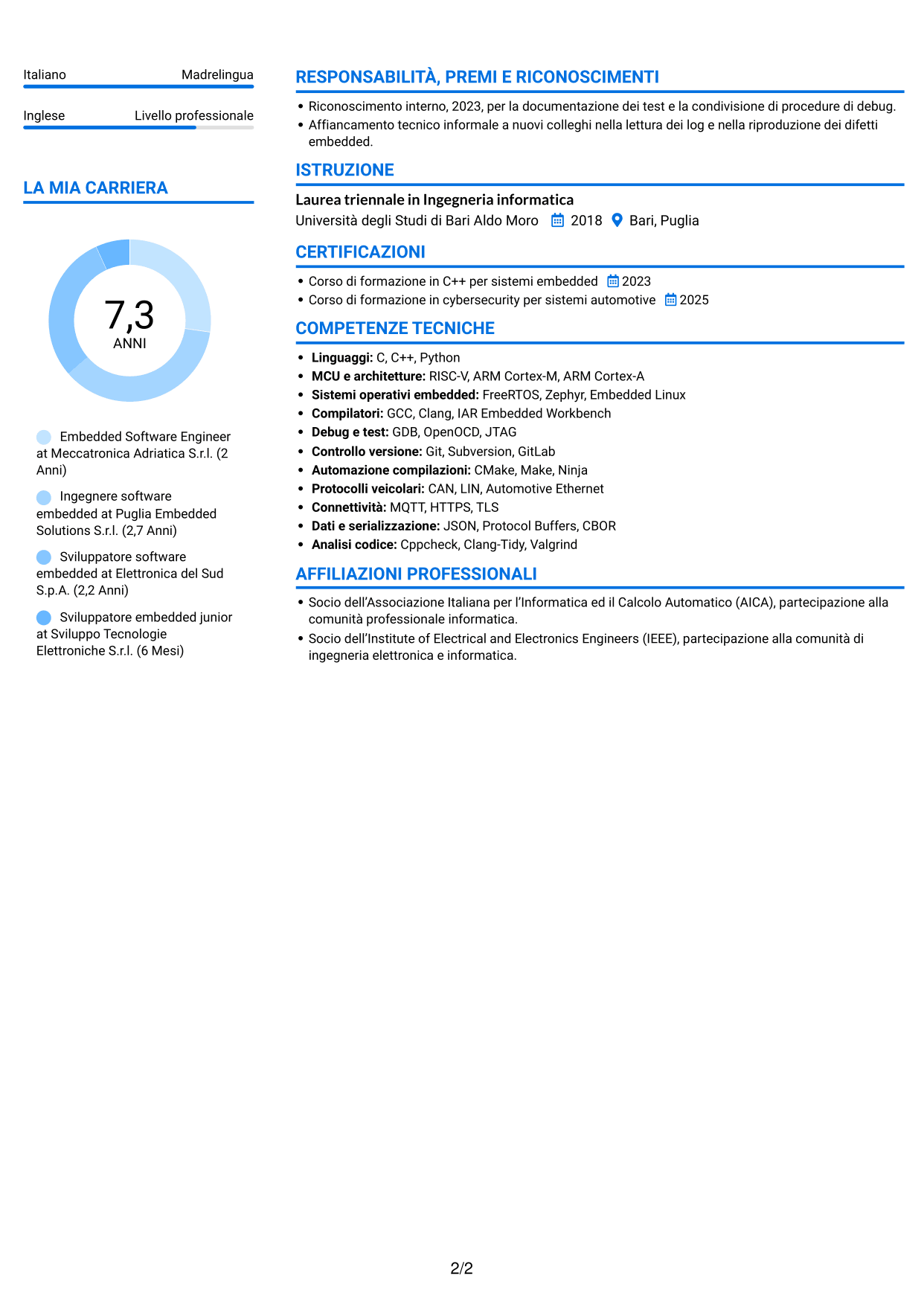 CV Audace (formato a due colonne con accenti colorati e foto): Embedded Software Engineer - Piattaforme software automotive, pagina 2