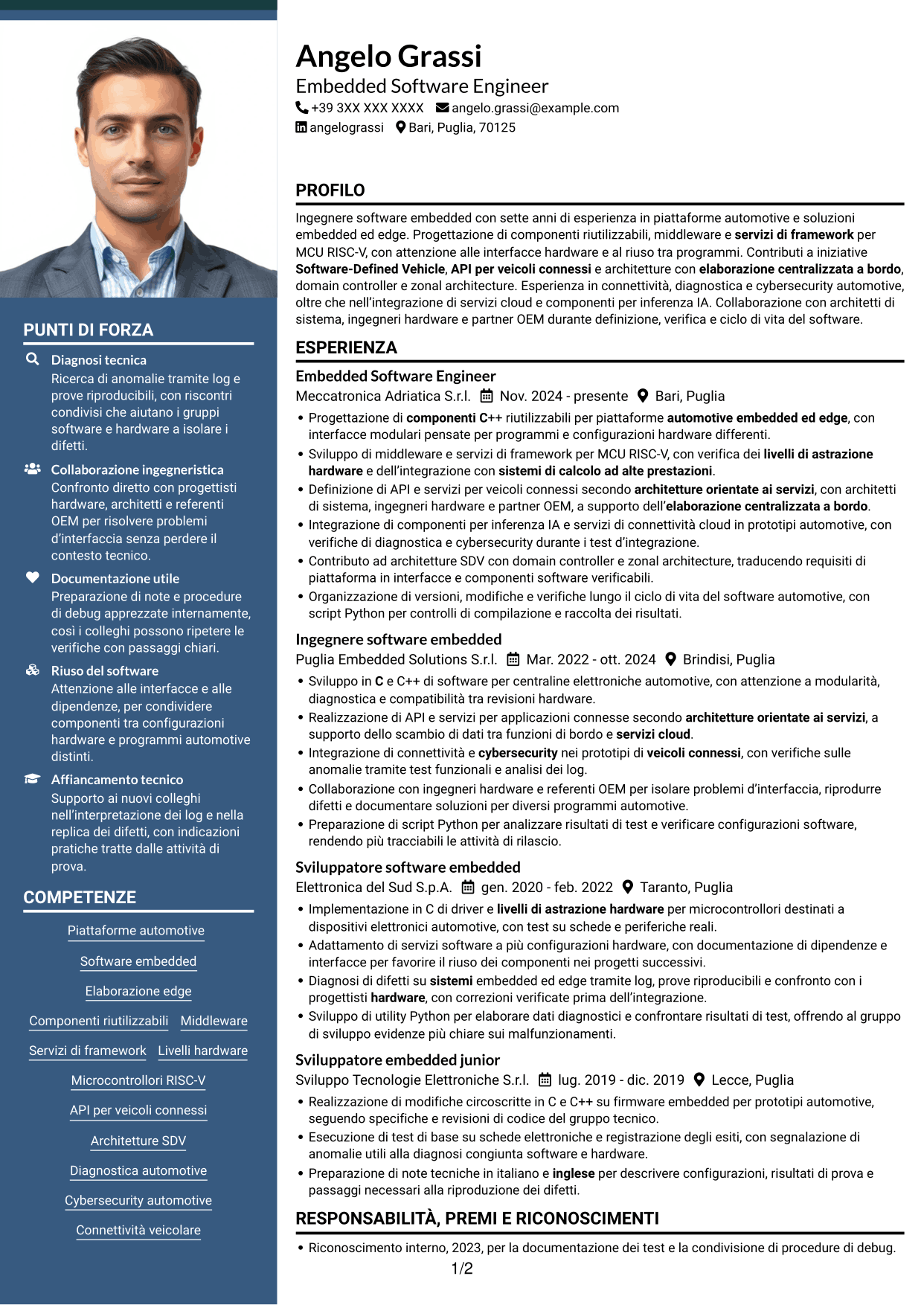 CV Signature (formato con colonna laterale colorata e foto grande): Embedded Software Engineer - Piattaforme software automotive, pagina 1