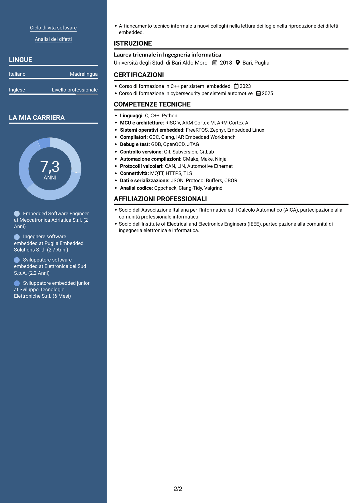 CV Signature (formato con colonna laterale colorata e foto grande): Embedded Software Engineer - Piattaforme software automotive, pagina 2