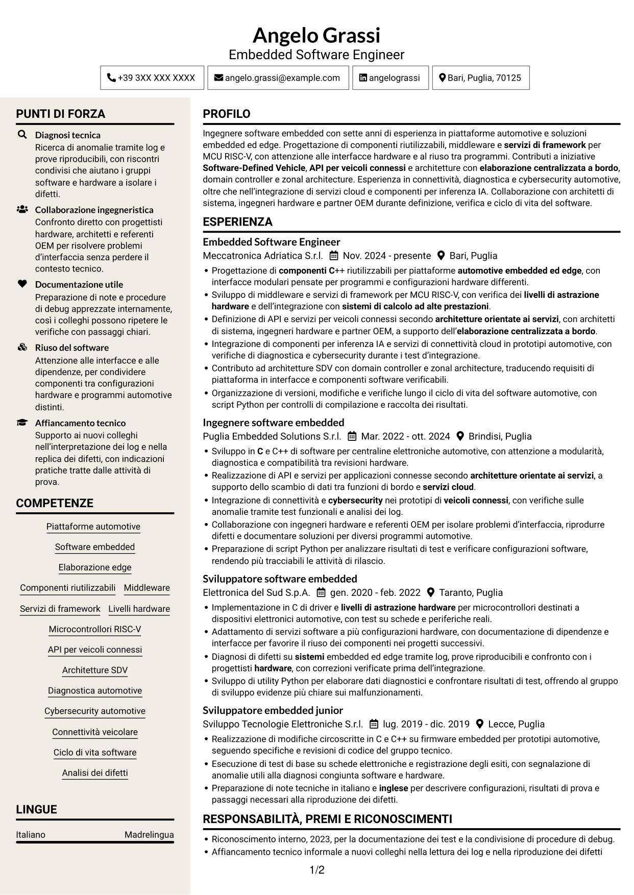 CV Intraprendente (formato a due colonne con intestazione centrata senza foto): Embedded Software Engineer - Piattaforme software automotive, pagina 1