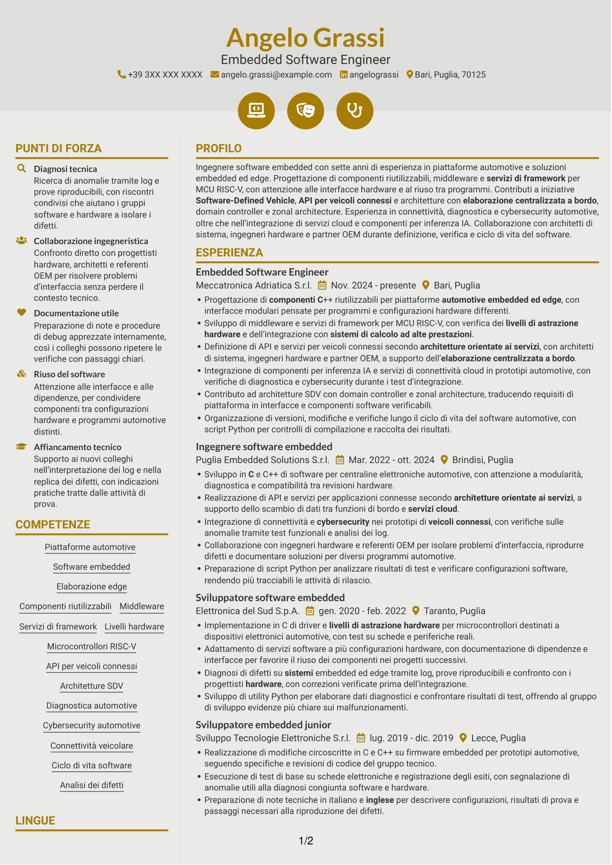 CV Dinamico (formato a due colonne con icone): Embedded Software Engineer - Piattaforme software automotive, pagina 1
