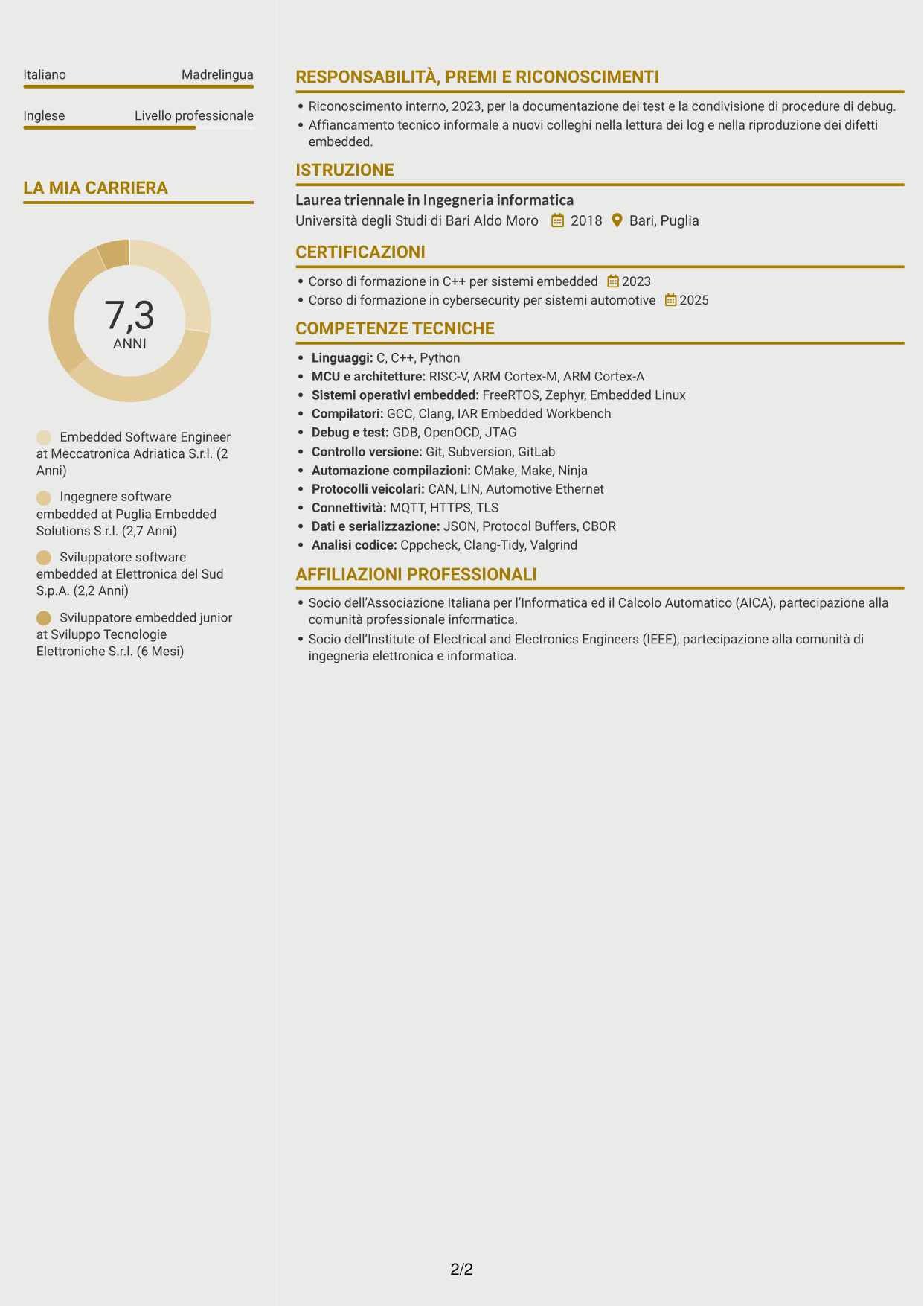 CV Dinamico (formato a due colonne con icone): Embedded Software Engineer - Piattaforme software automotive, pagina 2