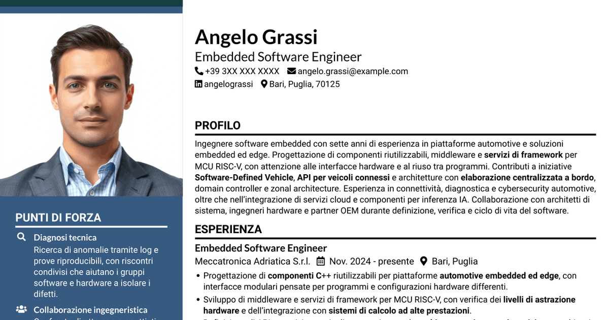 7 modelli di CV per Embedded Software Engineer - Piattaforme software automotive, con esempi