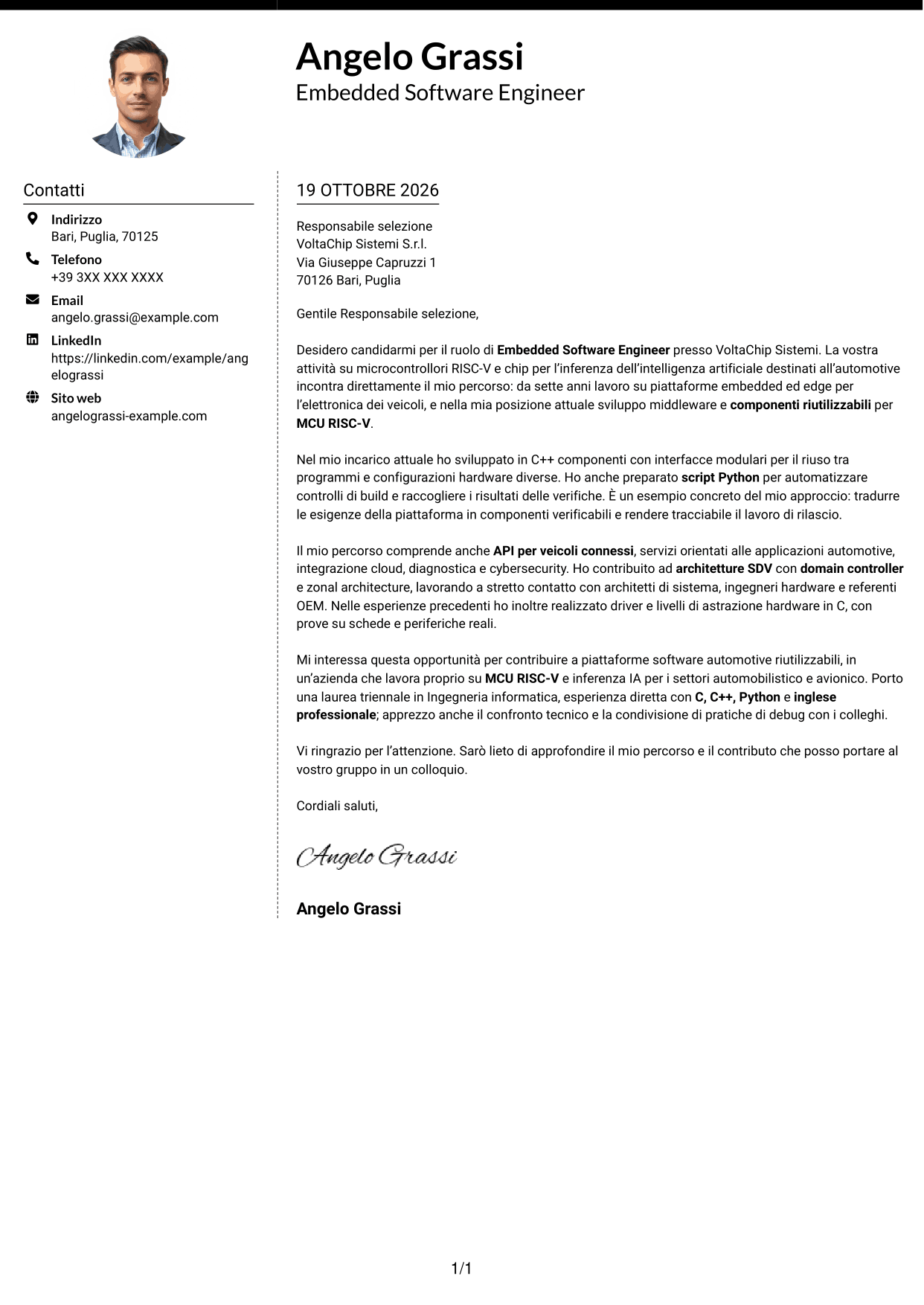 Lettera di presentazione Moderno (formato a due colonne con foto a sinistra e separatore): Embedded Software Engineer - Piattaforme software automotive, pagina 1