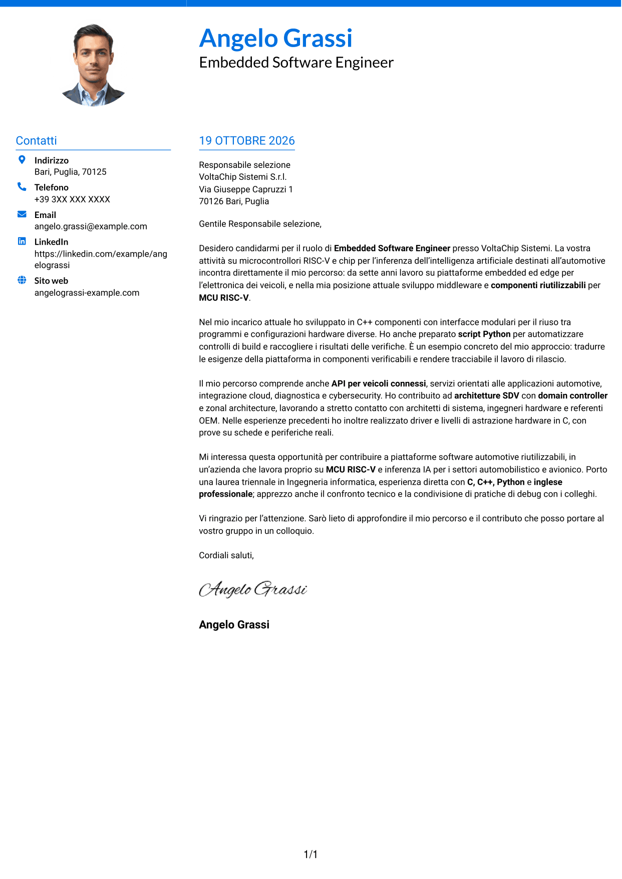 Lettera di presentazione Audace (formato a due colonne con accenti colorati e foto): Embedded Software Engineer - Piattaforme software automotive, pagina 1