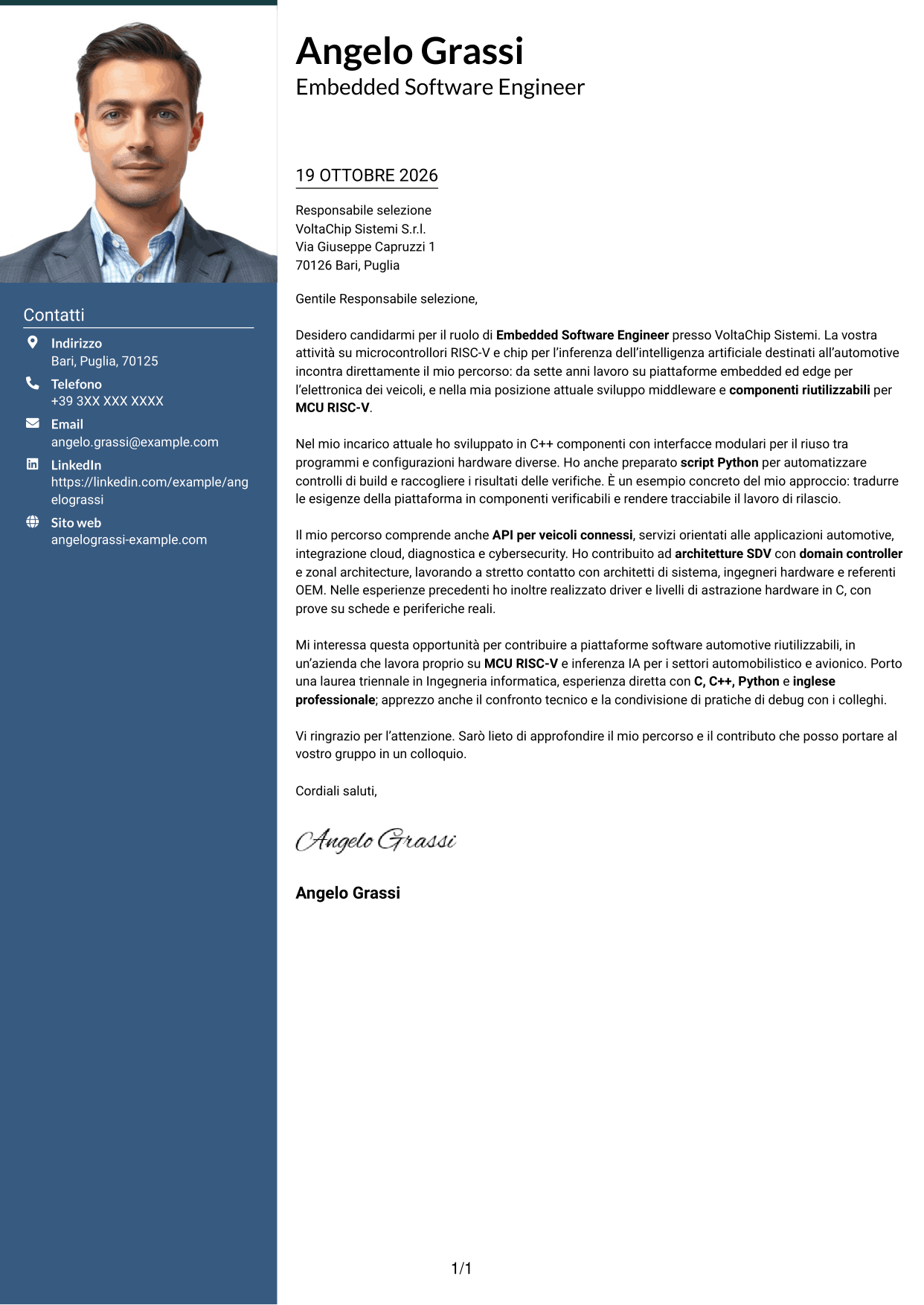 Lettera di presentazione Signature (formato con colonna laterale colorata e foto grande): Embedded Software Engineer - Piattaforme software automotive, pagina 1