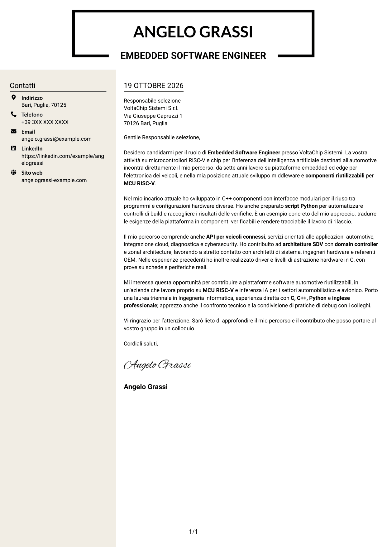 Lettera di presentazione Intraprendente (formato a due colonne con intestazione centrata senza foto): Embedded Software Engineer - Piattaforme software automotive, pagina 1
