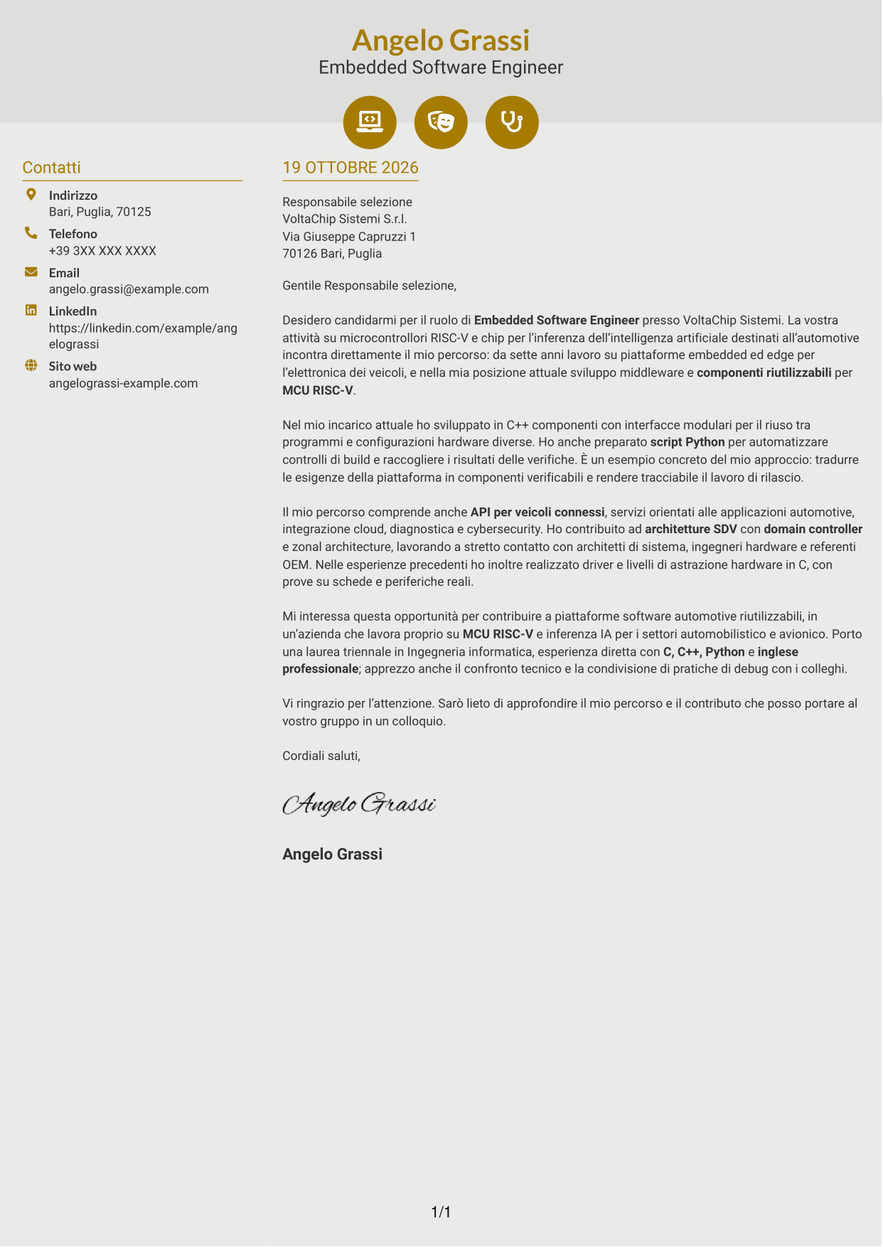 Lettera di presentazione Dinamico (formato a due colonne con icone): Embedded Software Engineer - Piattaforme software automotive, pagina 1