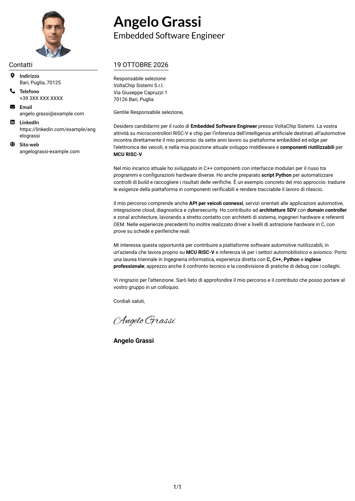Esempio di lettera di presentazione — pagina 1