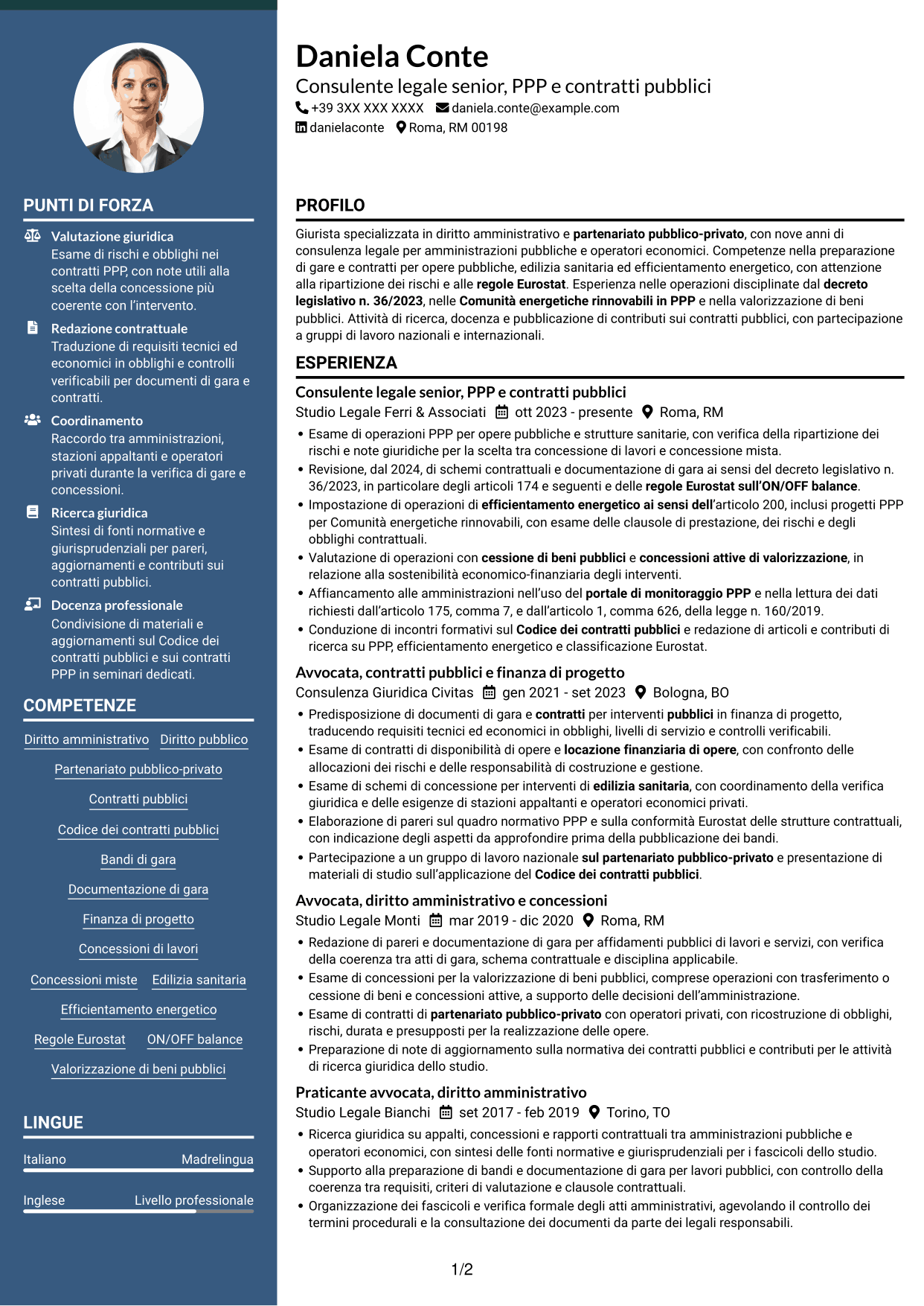 CV Elegante (formato con colonna laterale colorata e foto): Esperta giuridica in partenariato pubblico-privato, pagina 1