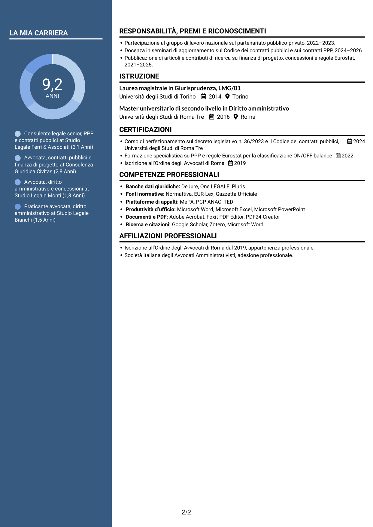 CV Elegante (formato con colonna laterale colorata e foto): Esperta giuridica in partenariato pubblico-privato, pagina 2