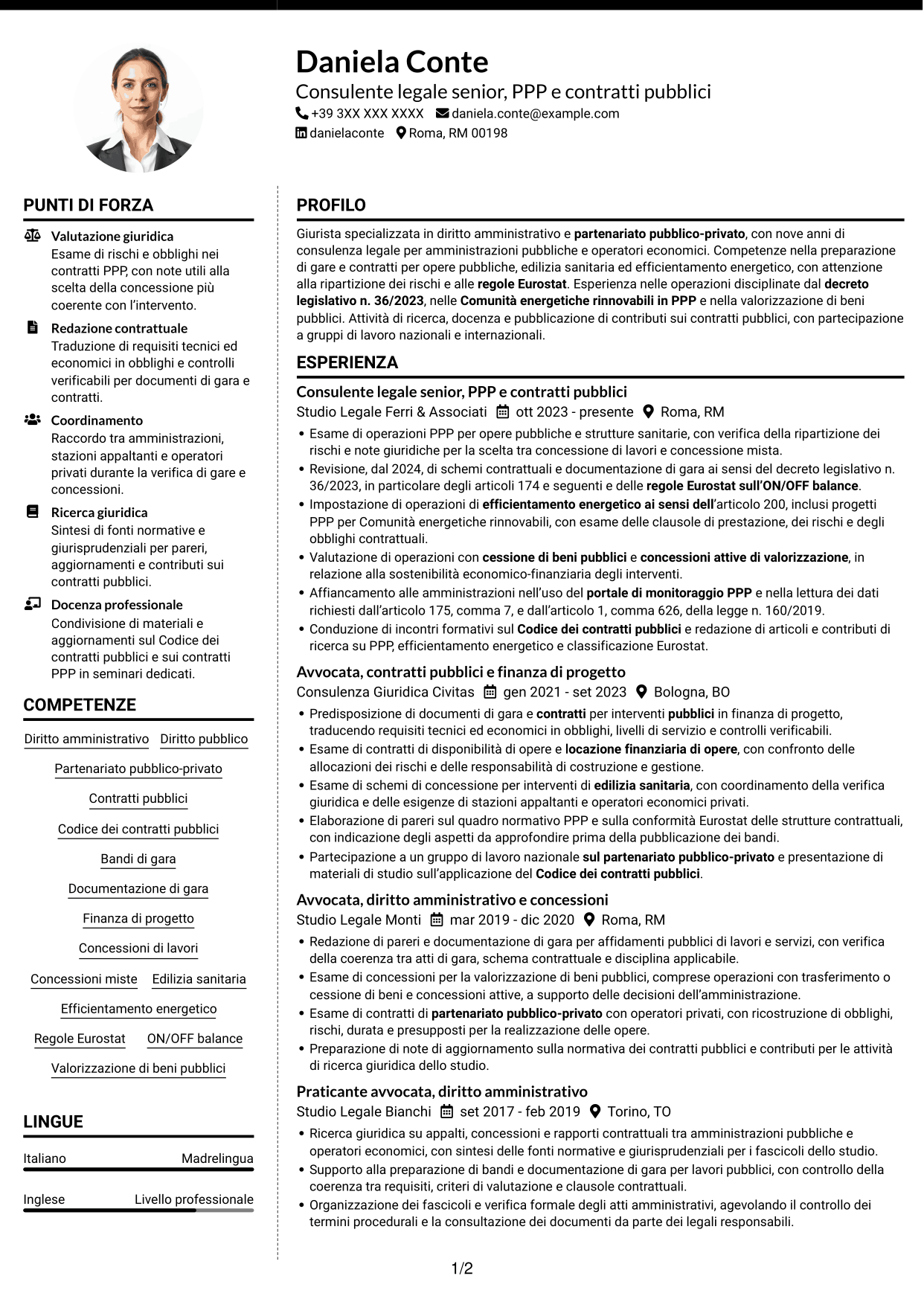 CV Moderno (formato a due colonne con foto a sinistra e separatore): Esperta giuridica in partenariato pubblico-privato, pagina 1