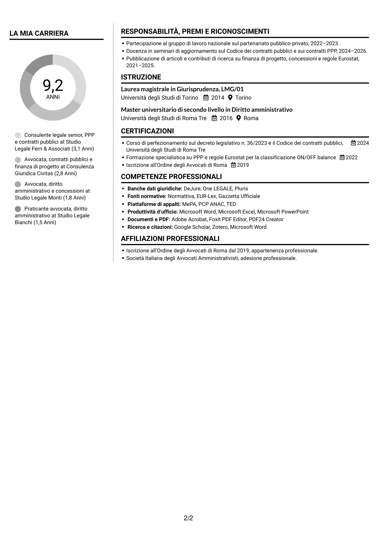 CV Moderno (formato a due colonne con foto a sinistra e separatore): Esperta giuridica in partenariato pubblico-privato, pagina 2