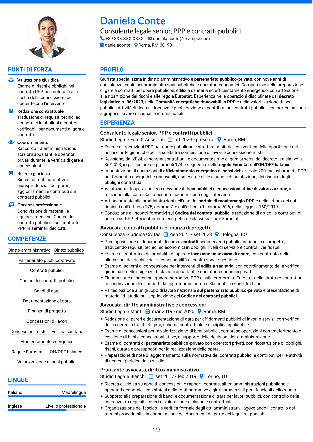 CV Audace (formato a due colonne con accenti colorati e foto): Esperta giuridica in partenariato pubblico-privato, pagina 1