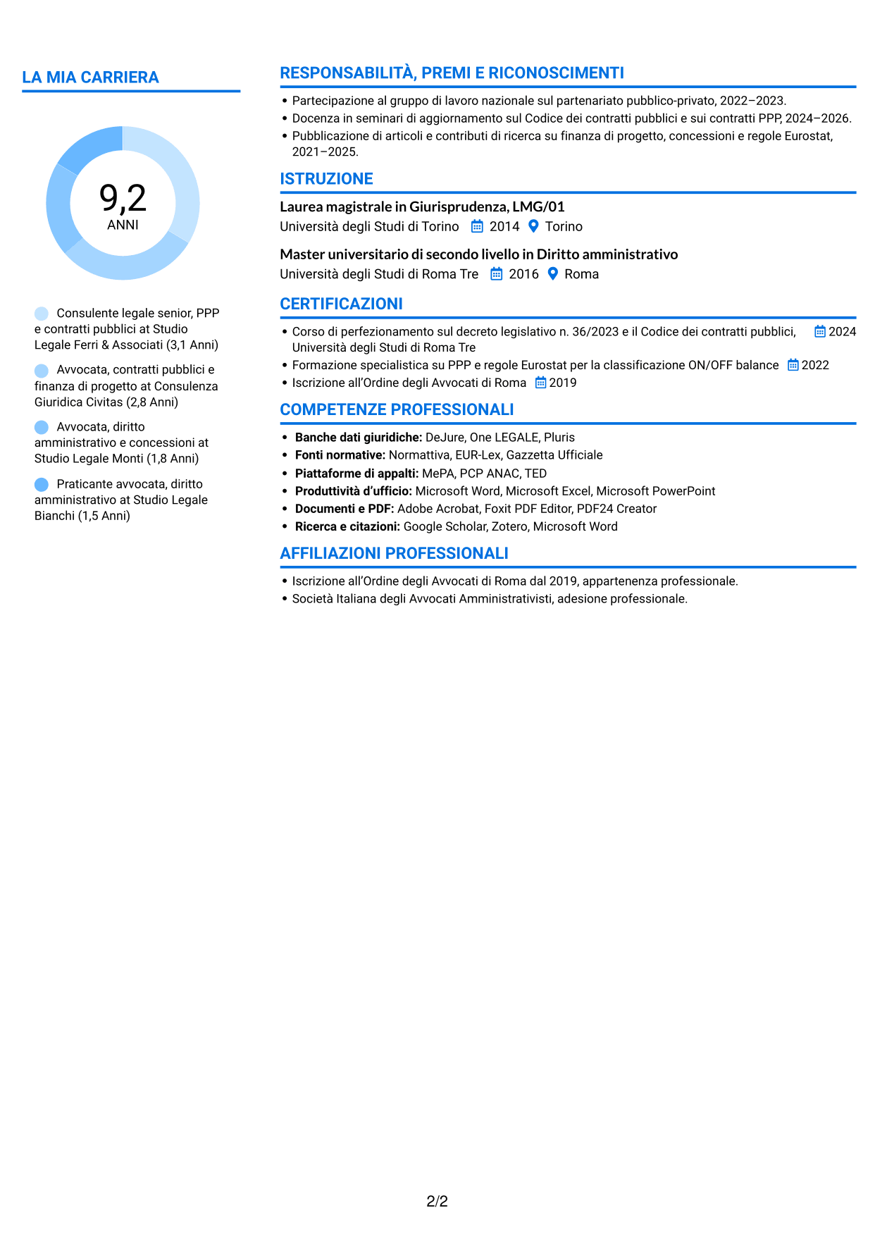 CV Audace (formato a due colonne con accenti colorati e foto): Esperta giuridica in partenariato pubblico-privato, pagina 2