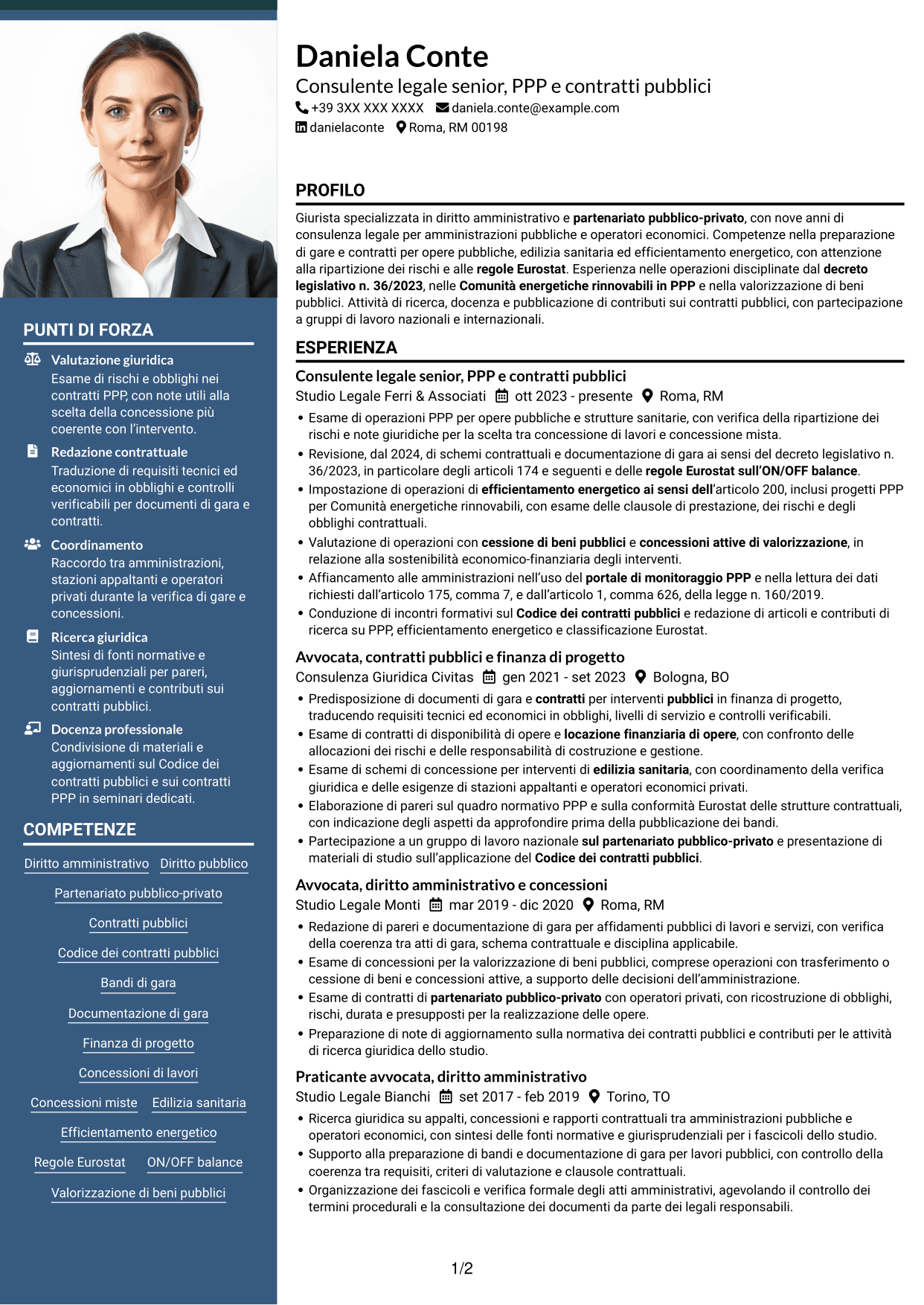 CV Signature (formato con colonna laterale colorata e foto grande): Esperta giuridica in partenariato pubblico-privato, pagina 1