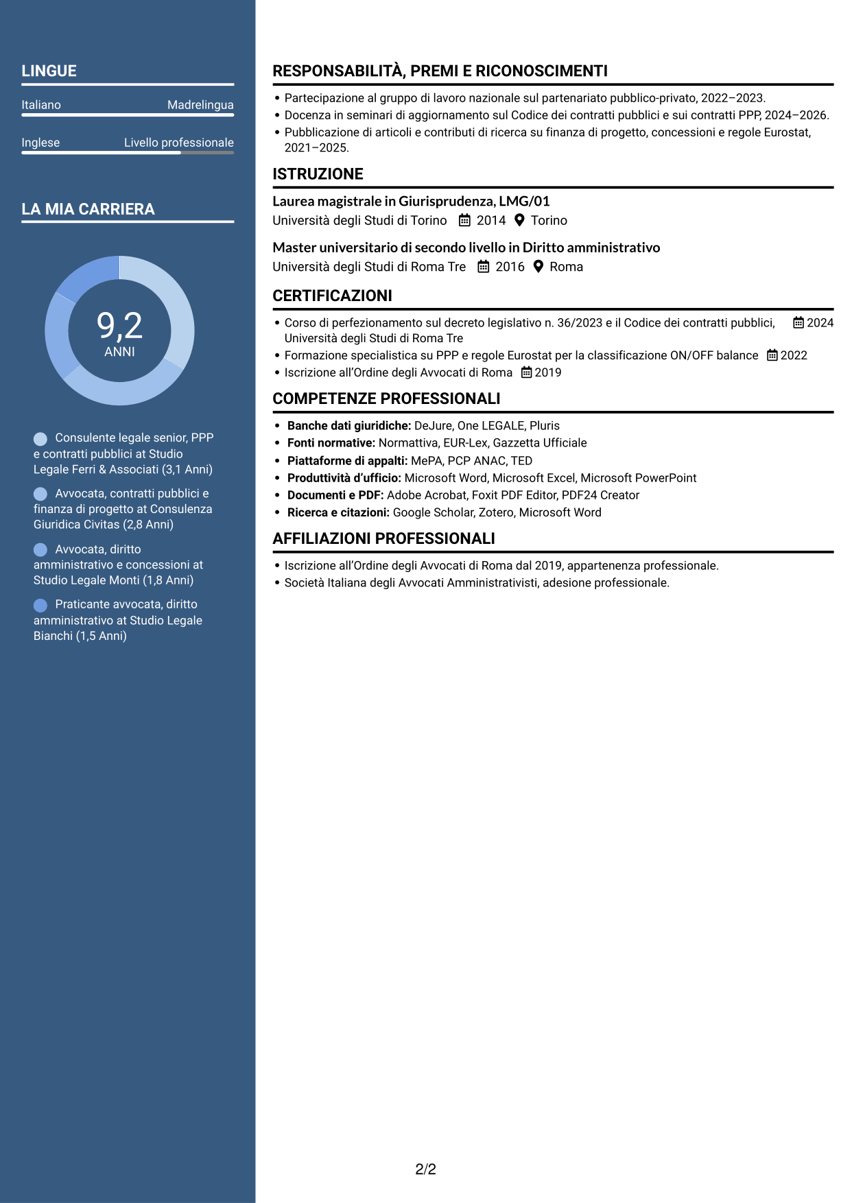 CV Signature (formato con colonna laterale colorata e foto grande): Esperta giuridica in partenariato pubblico-privato, pagina 2
