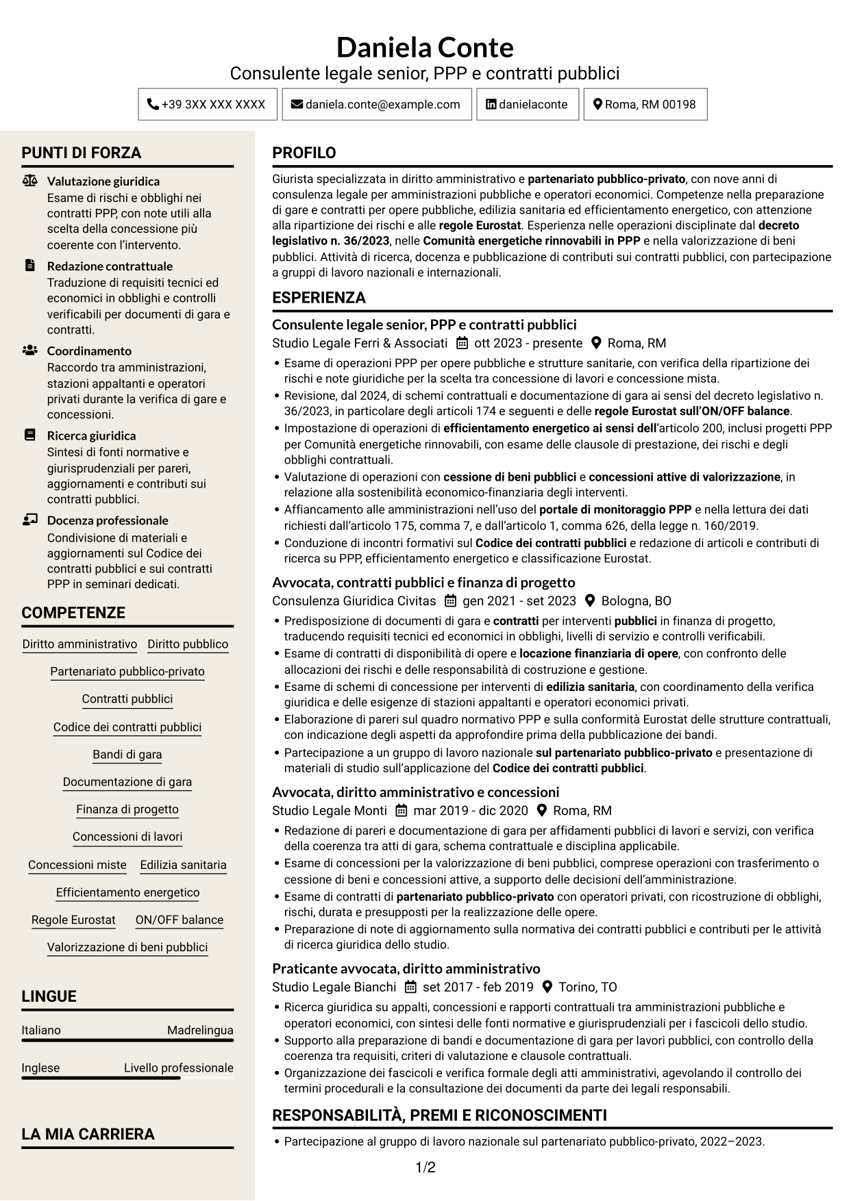 CV Intraprendente (formato a due colonne con intestazione centrata senza foto): Esperta giuridica in partenariato pubblico-privato, pagina 1