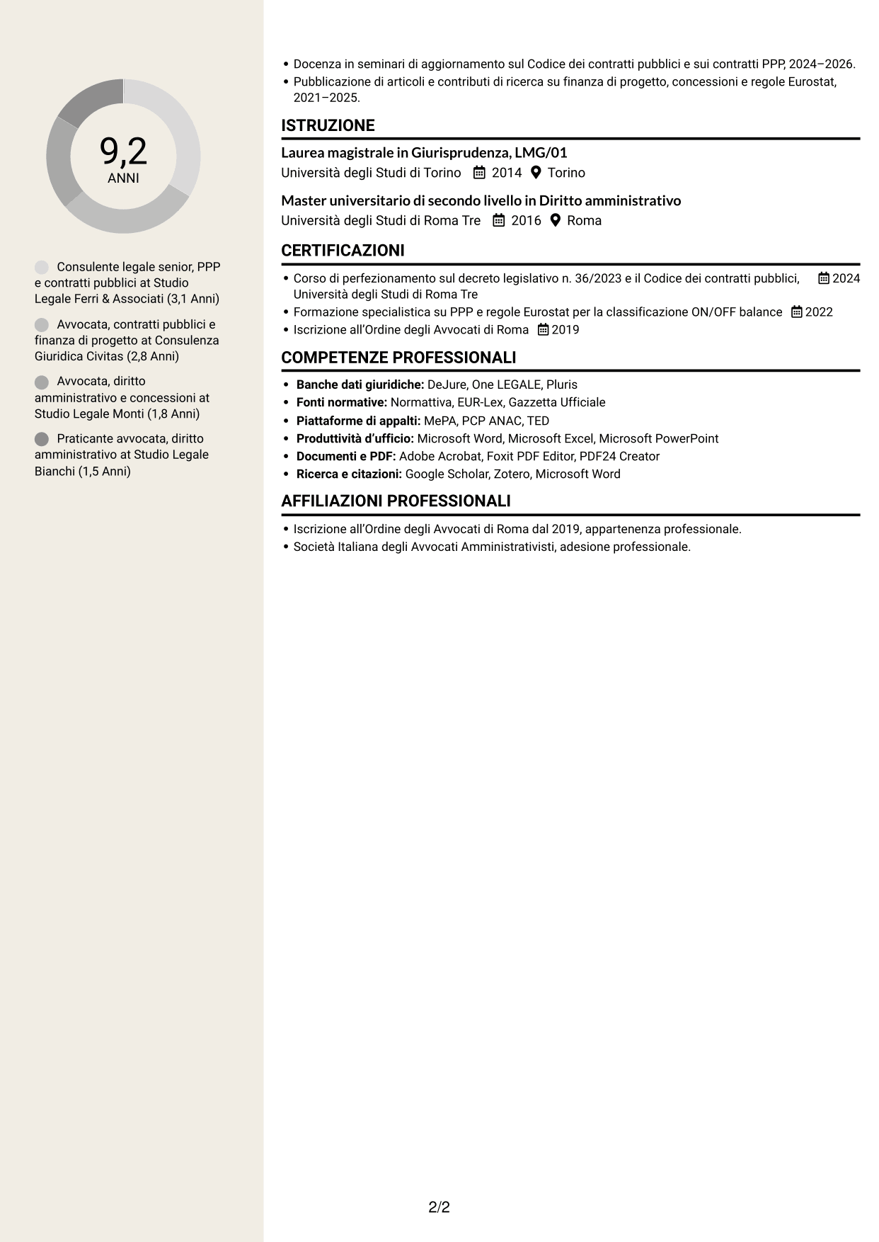 CV Intraprendente (formato a due colonne con intestazione centrata senza foto): Esperta giuridica in partenariato pubblico-privato, pagina 2