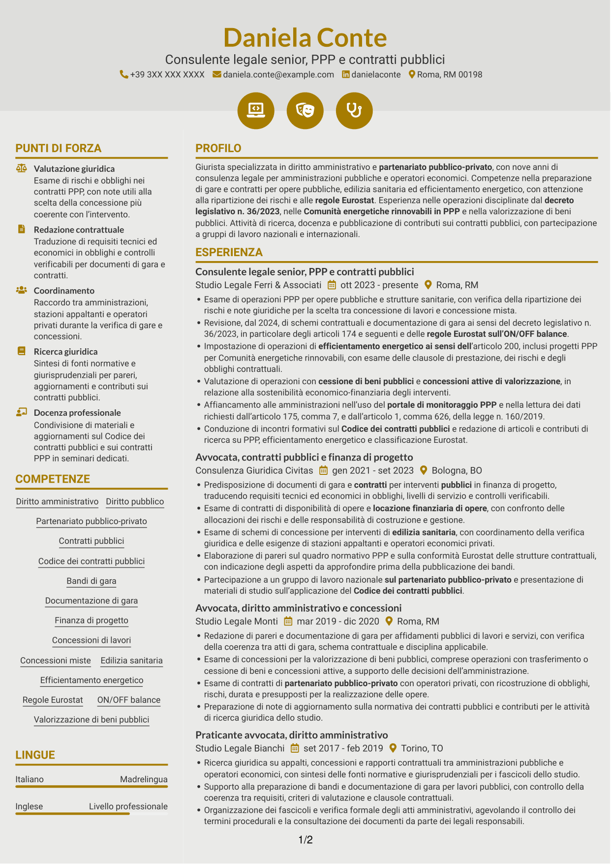 CV Dinamico (formato a due colonne con icone): Esperta giuridica in partenariato pubblico-privato, pagina 1