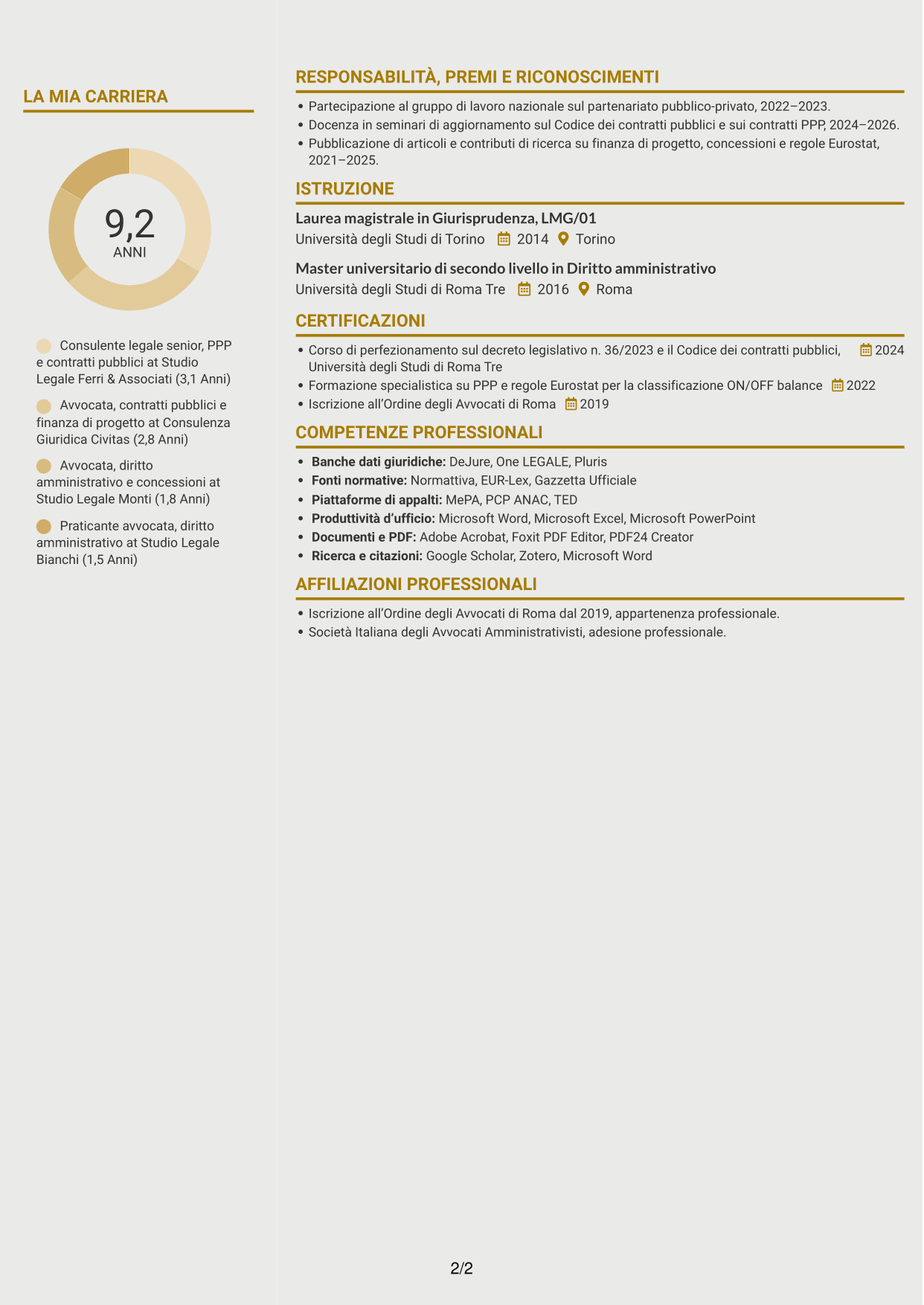 CV Dinamico (formato a due colonne con icone): Esperta giuridica in partenariato pubblico-privato, pagina 2