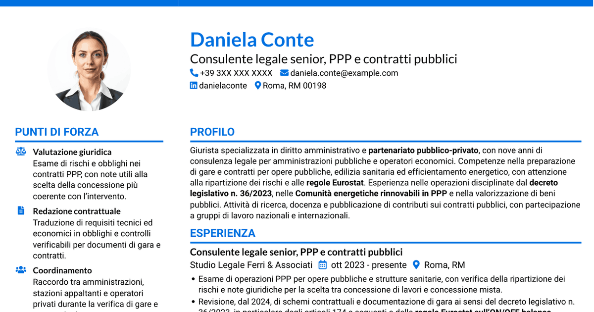 7 modelli di CV per Esperta giuridica in partenariato pubblico-privato, con esempi