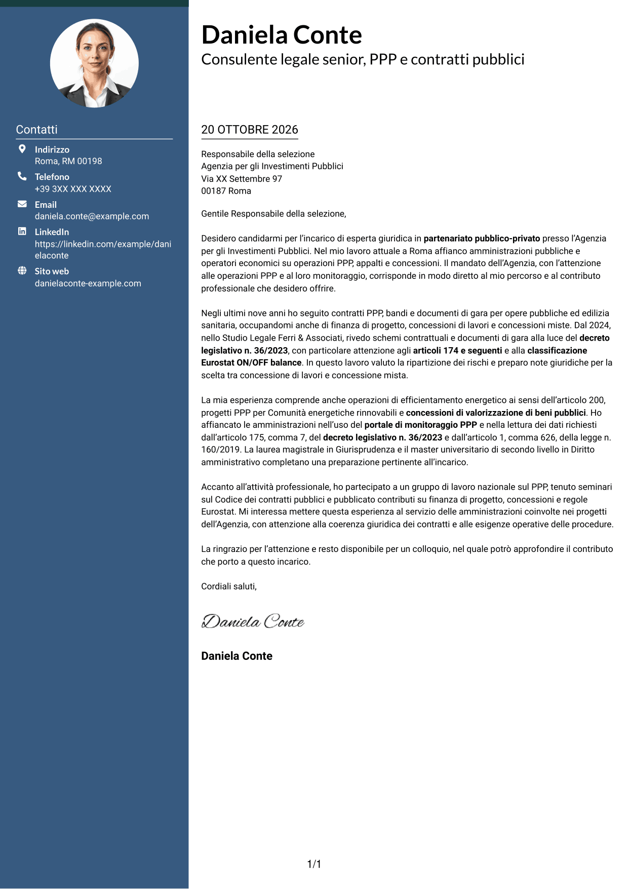 Lettera di presentazione Elegante (formato con colonna laterale colorata e foto): Esperta giuridica in partenariato pubblico-privato, pagina 1