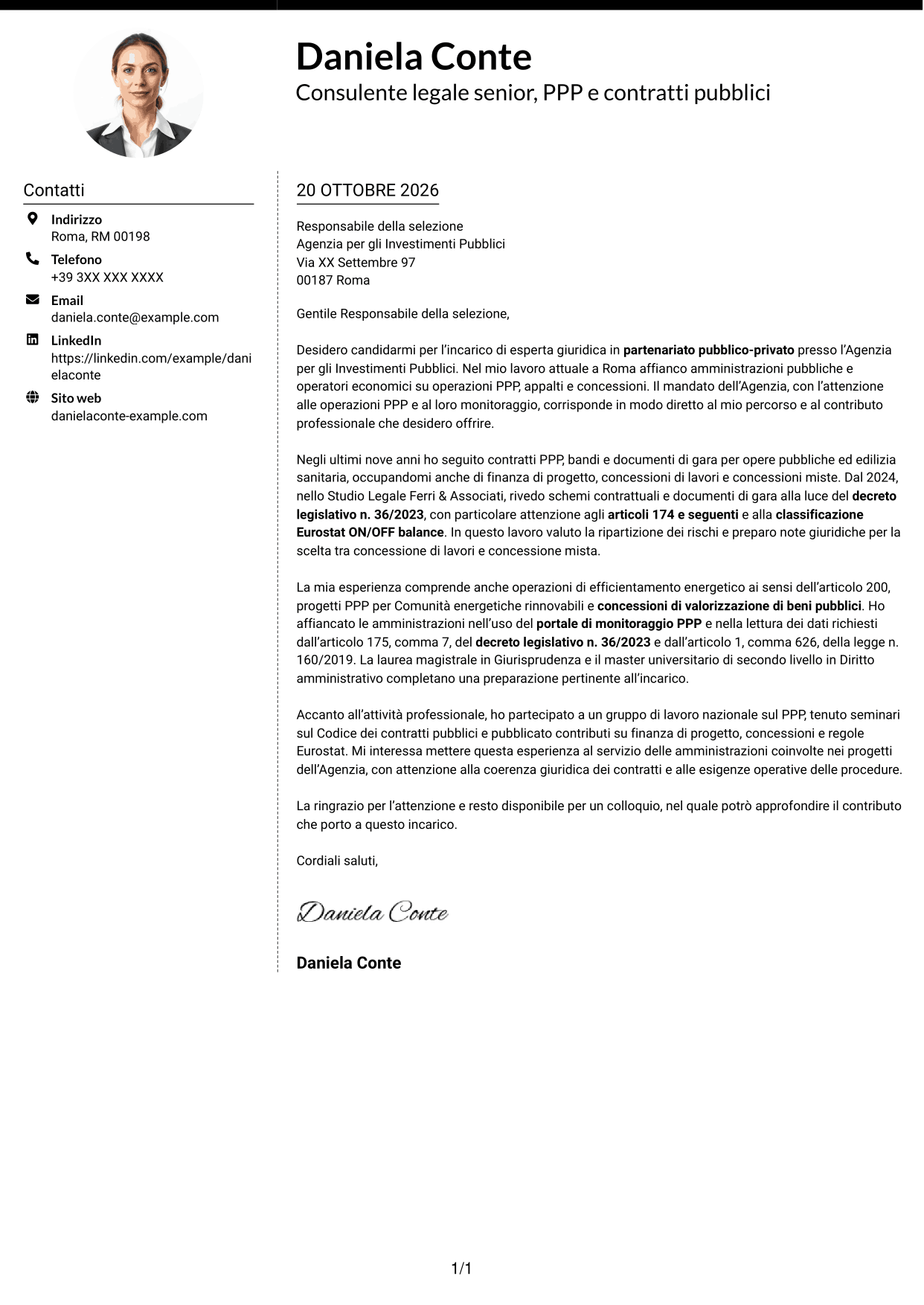 Lettera di presentazione Moderno (formato a due colonne con foto a sinistra e separatore): Esperta giuridica in partenariato pubblico-privato, pagina 1