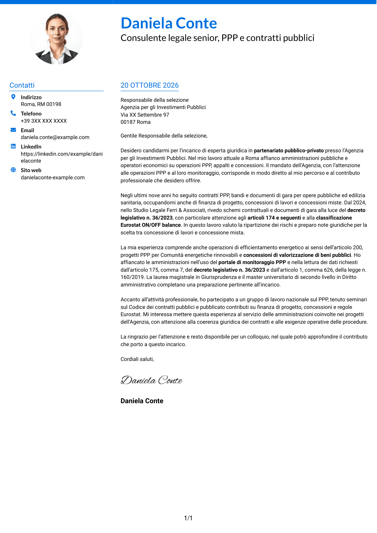 Lettera di presentazione Audace (formato a due colonne con accenti colorati e foto): Esperta giuridica in partenariato pubblico-privato, pagina 1
