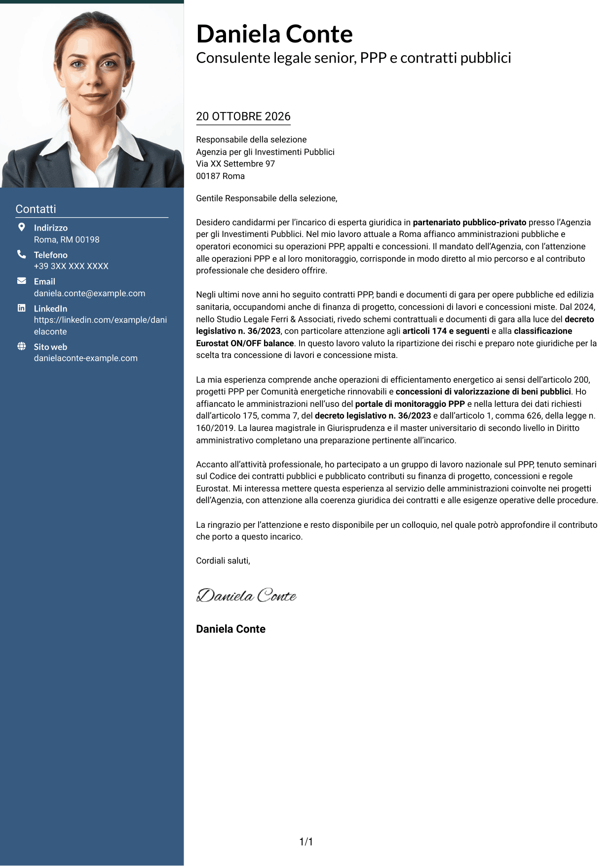 Lettera di presentazione Signature (formato con colonna laterale colorata e foto grande): Esperta giuridica in partenariato pubblico-privato, pagina 1