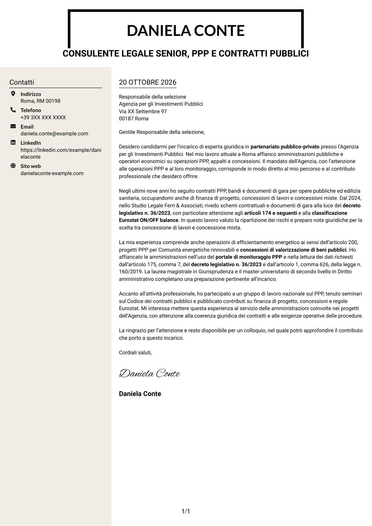 Lettera di presentazione Intraprendente (formato a due colonne con intestazione centrata senza foto): Esperta giuridica in partenariato pubblico-privato, pagina 1