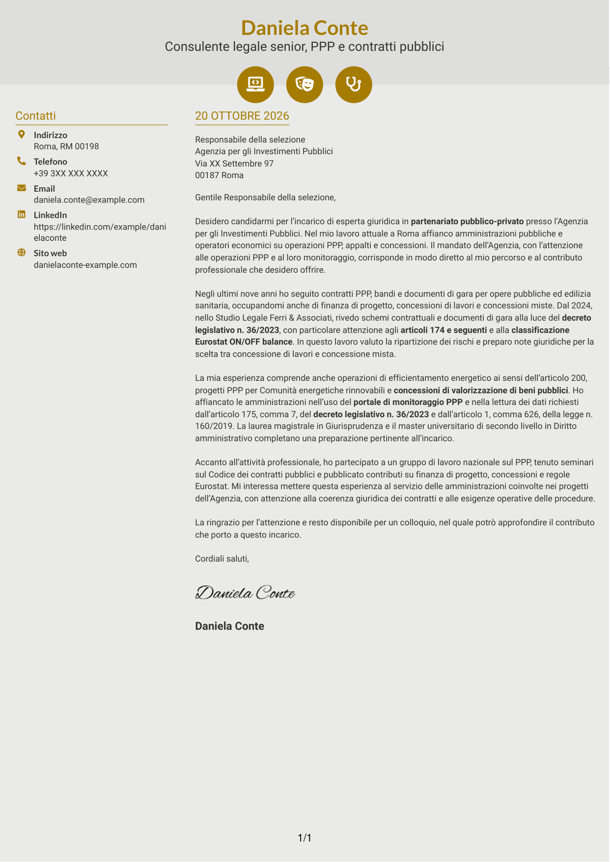 Lettera di presentazione Dinamico (formato a due colonne con icone): Esperta giuridica in partenariato pubblico-privato, pagina 1