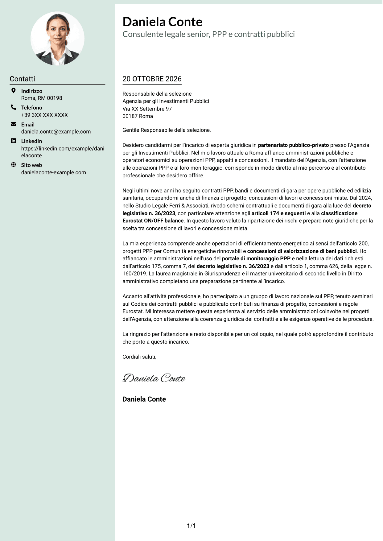 Lettera di presentazione Dirigente (formato con colonna laterale tenue e foto arrotondata): Esperta giuridica in partenariato pubblico-privato, pagina 1