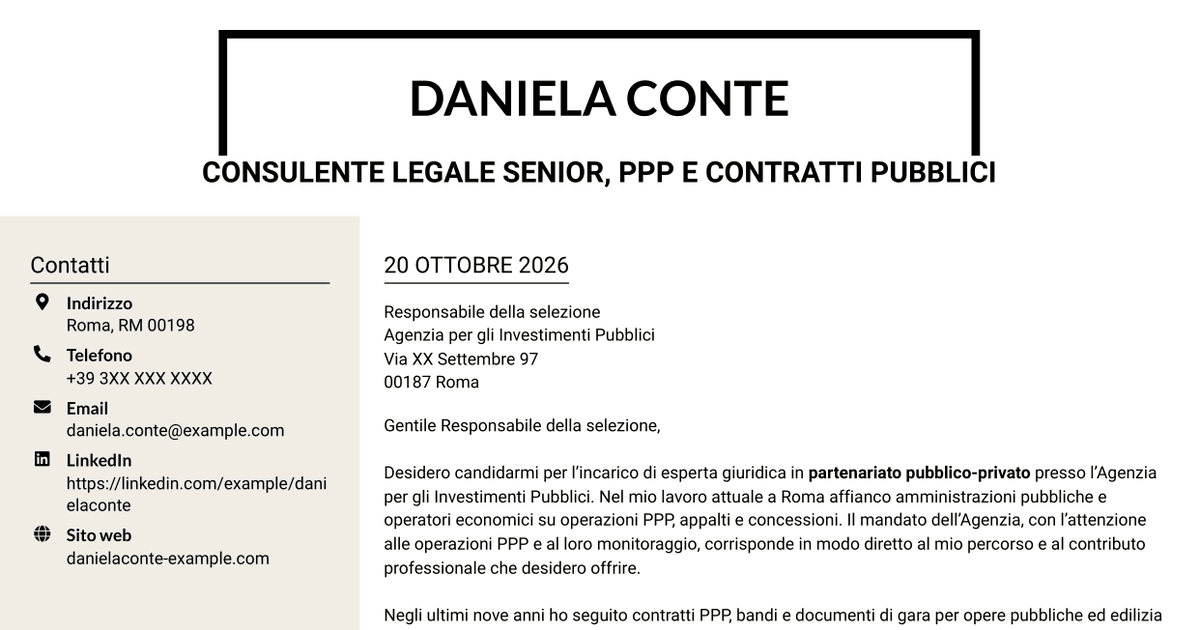 7 modelli di lettera di presentazione per Esperta giuridica in partenariato pubblico-privato, con esempi
