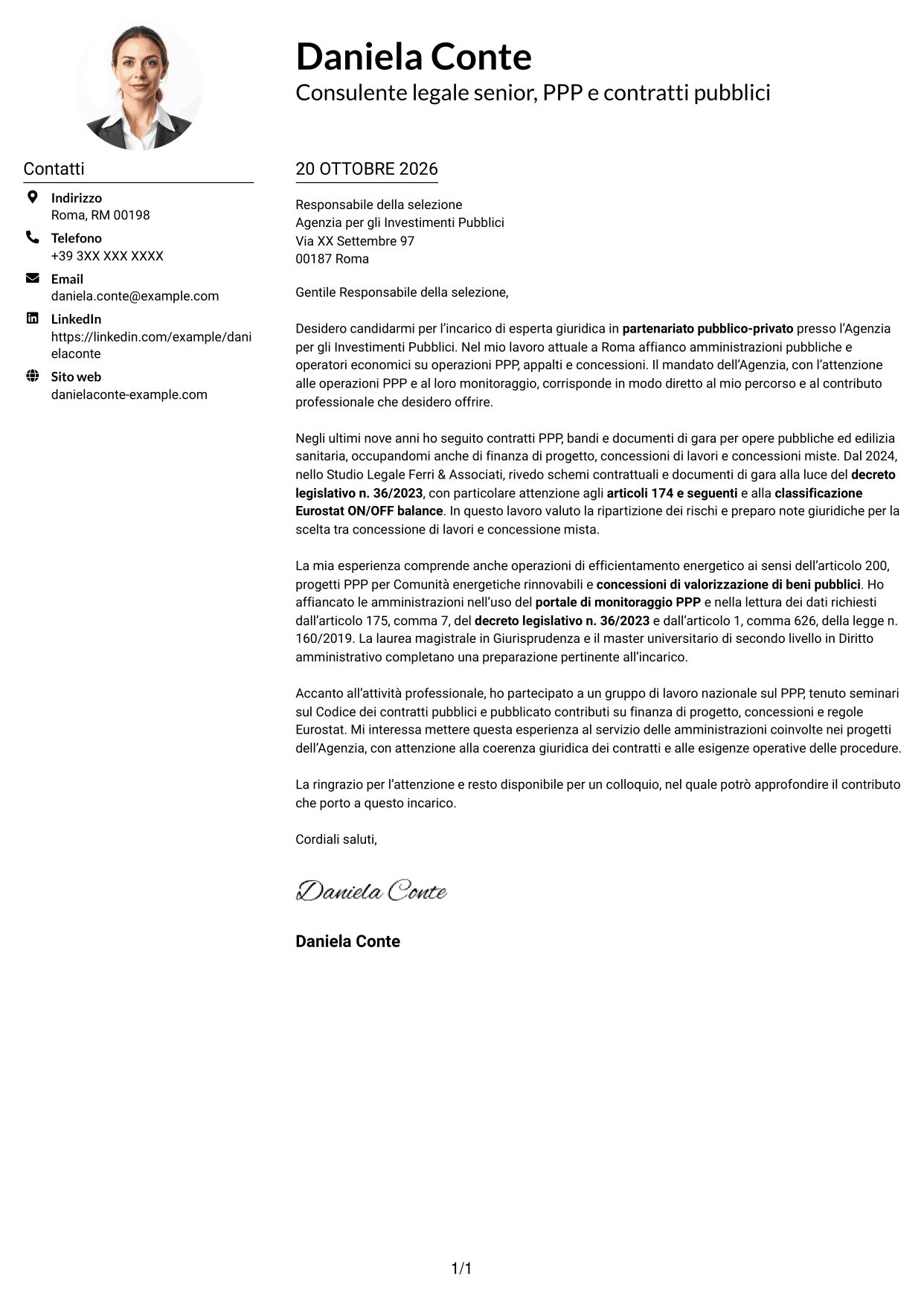 Esempio di lettera di presentazione — pagina 1