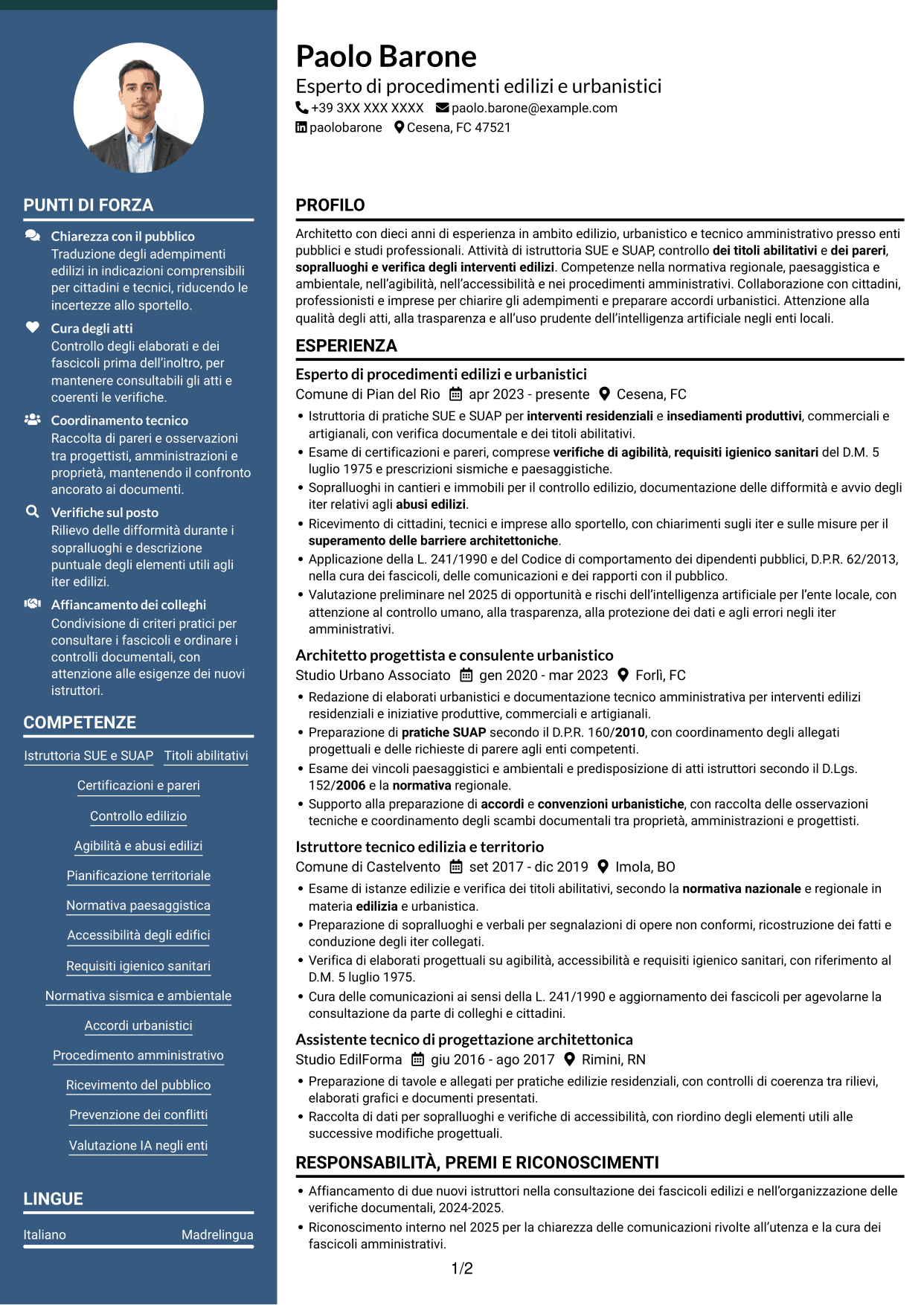 CV Elegante (formato con colonna laterale colorata e foto): Esperto di progettazione e gestione di progetti complessi - Urbanistica ed edilizia, pagina 1