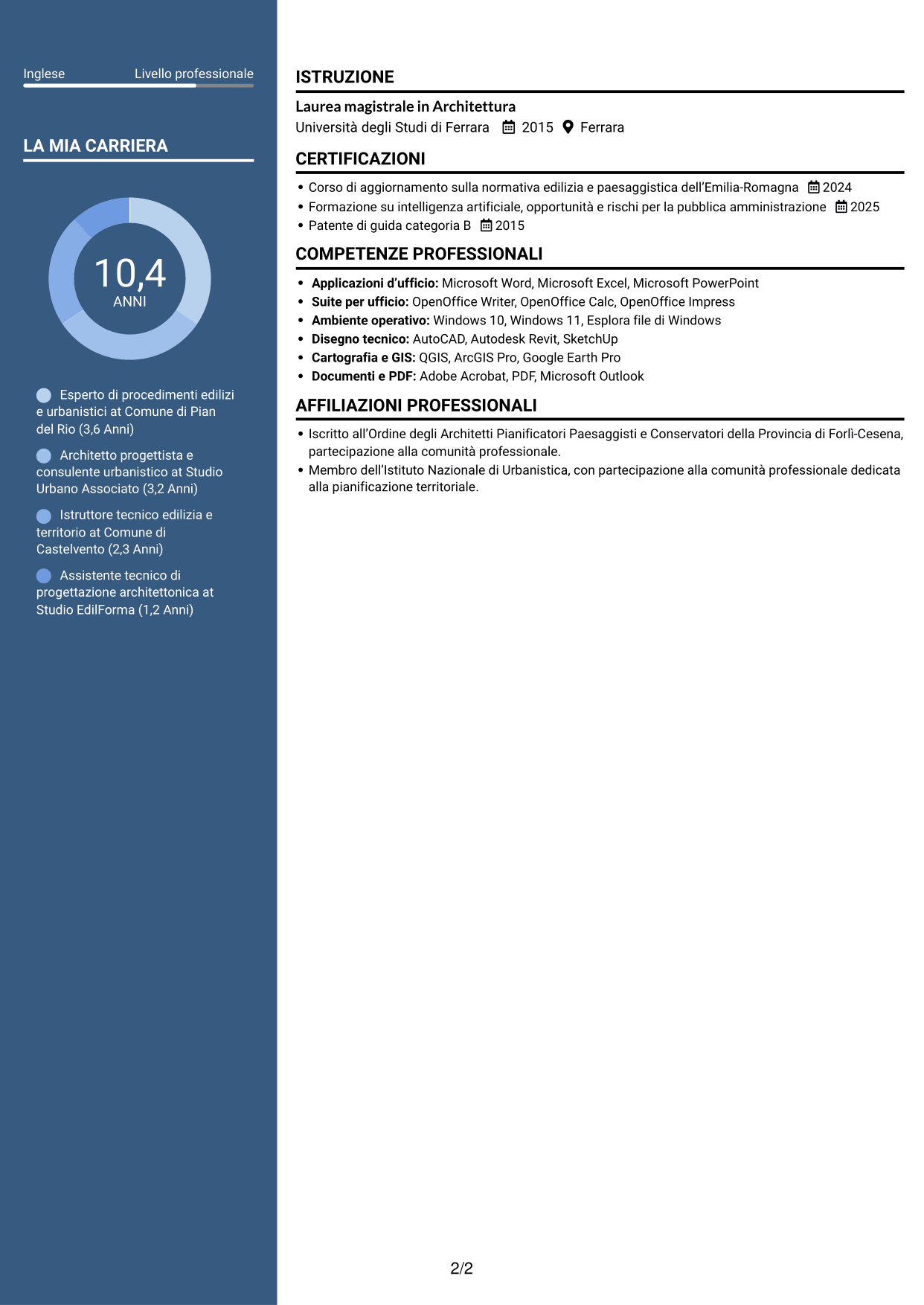 CV Elegante (formato con colonna laterale colorata e foto): Esperto di progettazione e gestione di progetti complessi - Urbanistica ed edilizia, pagina 2