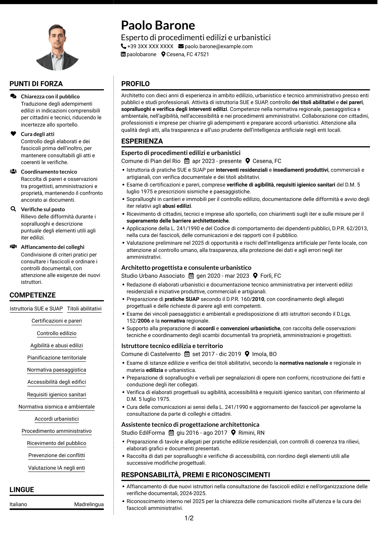CV Moderno (formato a due colonne con foto a sinistra e separatore): Esperto di progettazione e gestione di progetti complessi - Urbanistica ed edilizia, pagina 1