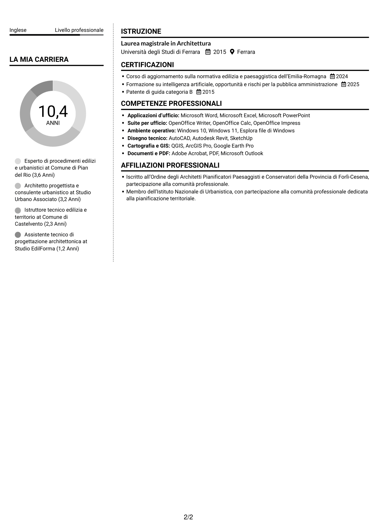 CV Moderno (formato a due colonne con foto a sinistra e separatore): Esperto di progettazione e gestione di progetti complessi - Urbanistica ed edilizia, pagina 2