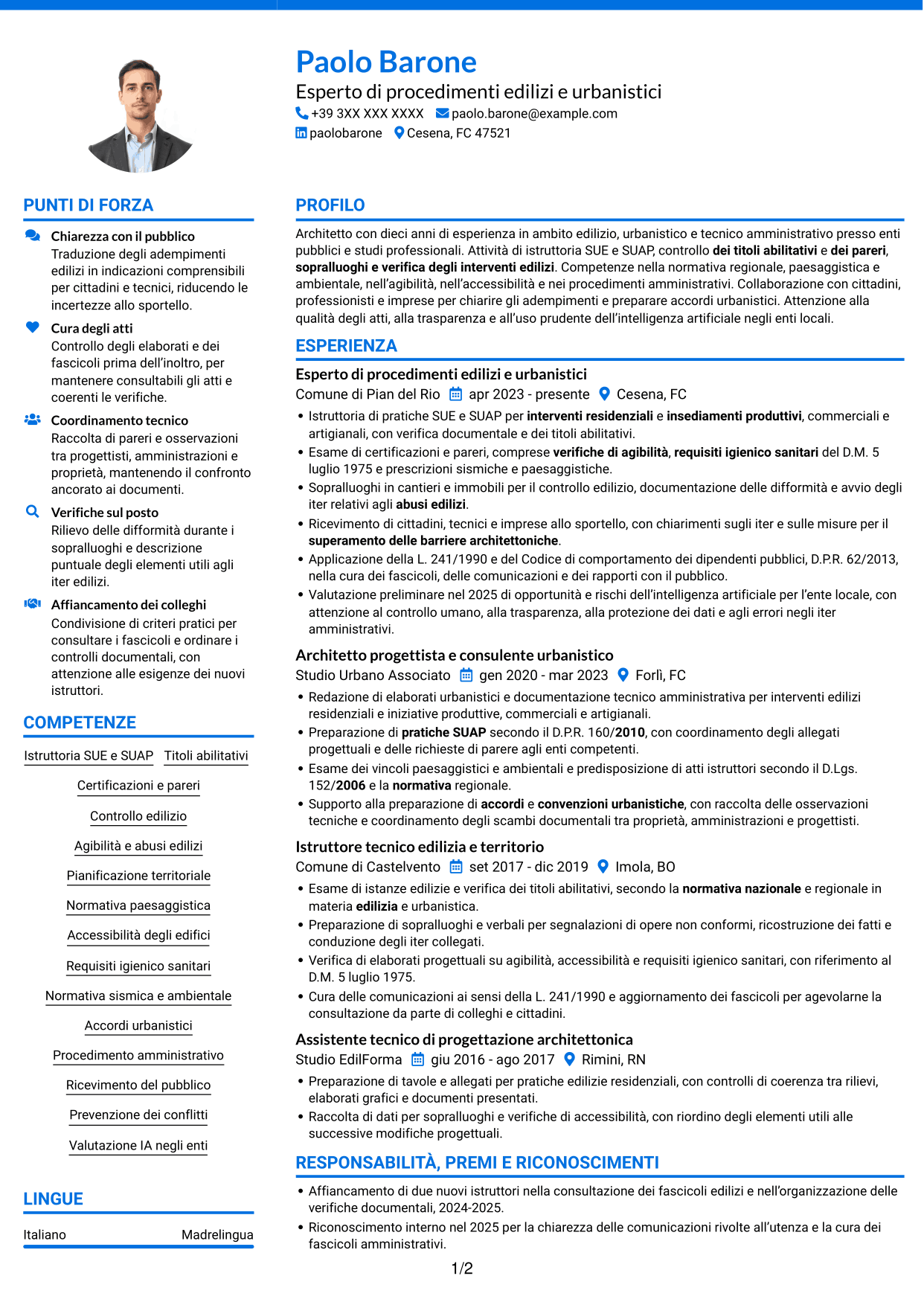 CV Audace (formato a due colonne con accenti colorati e foto): Esperto di progettazione e gestione di progetti complessi - Urbanistica ed edilizia, pagina 1