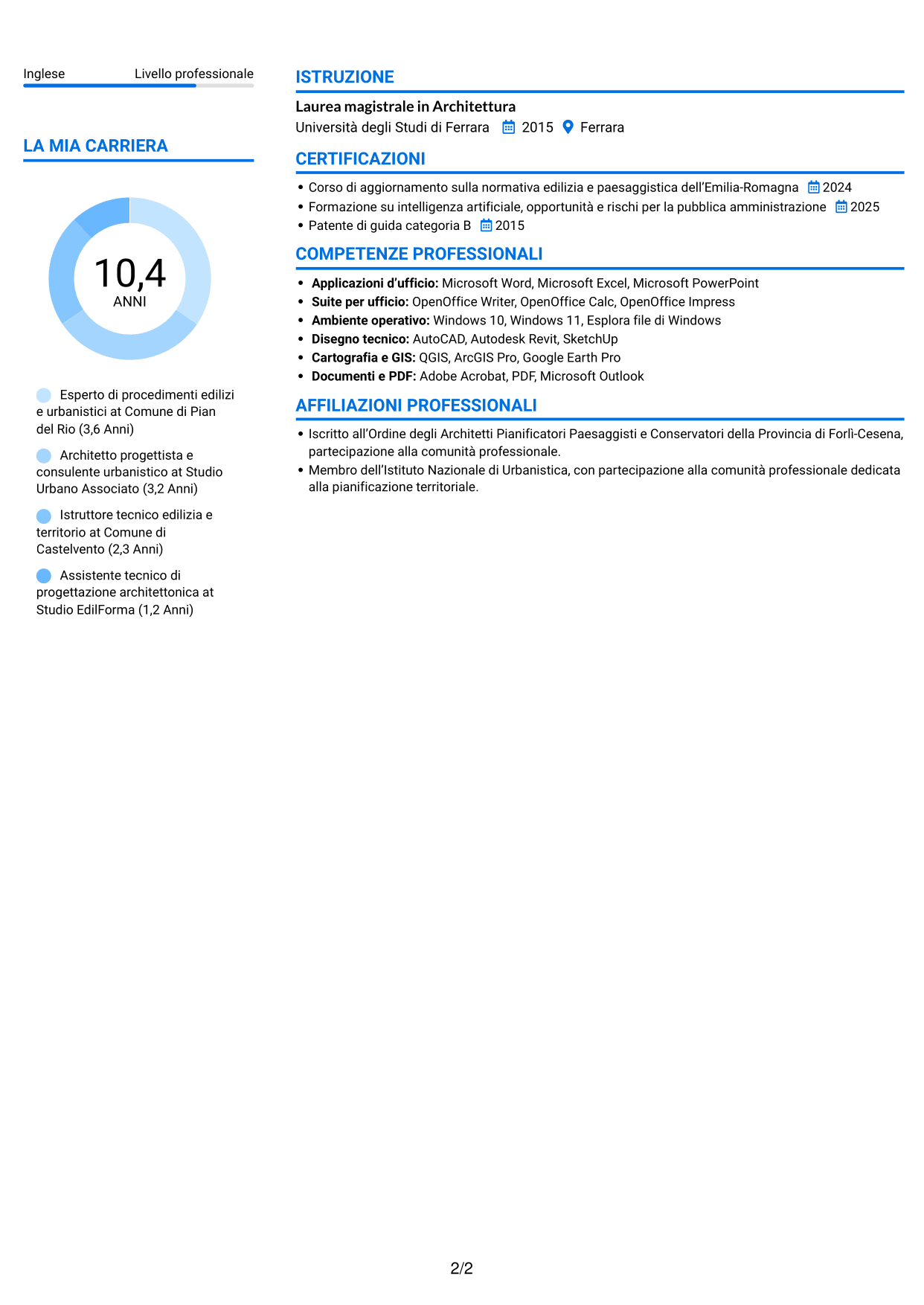 CV Audace (formato a due colonne con accenti colorati e foto): Esperto di progettazione e gestione di progetti complessi - Urbanistica ed edilizia, pagina 2