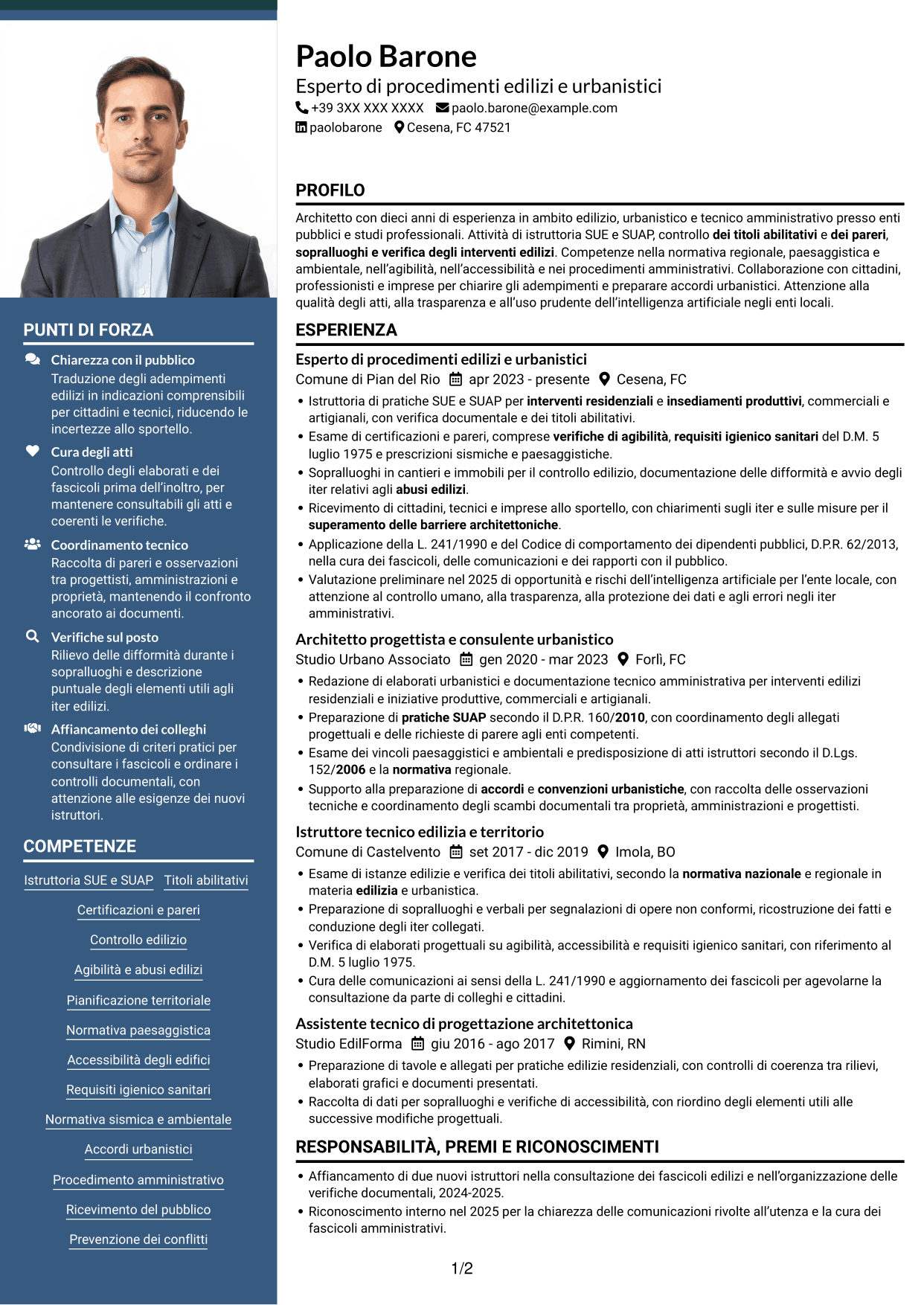 CV Signature (formato con colonna laterale colorata e foto grande): Esperto di progettazione e gestione di progetti complessi - Urbanistica ed edilizia, pagina 1