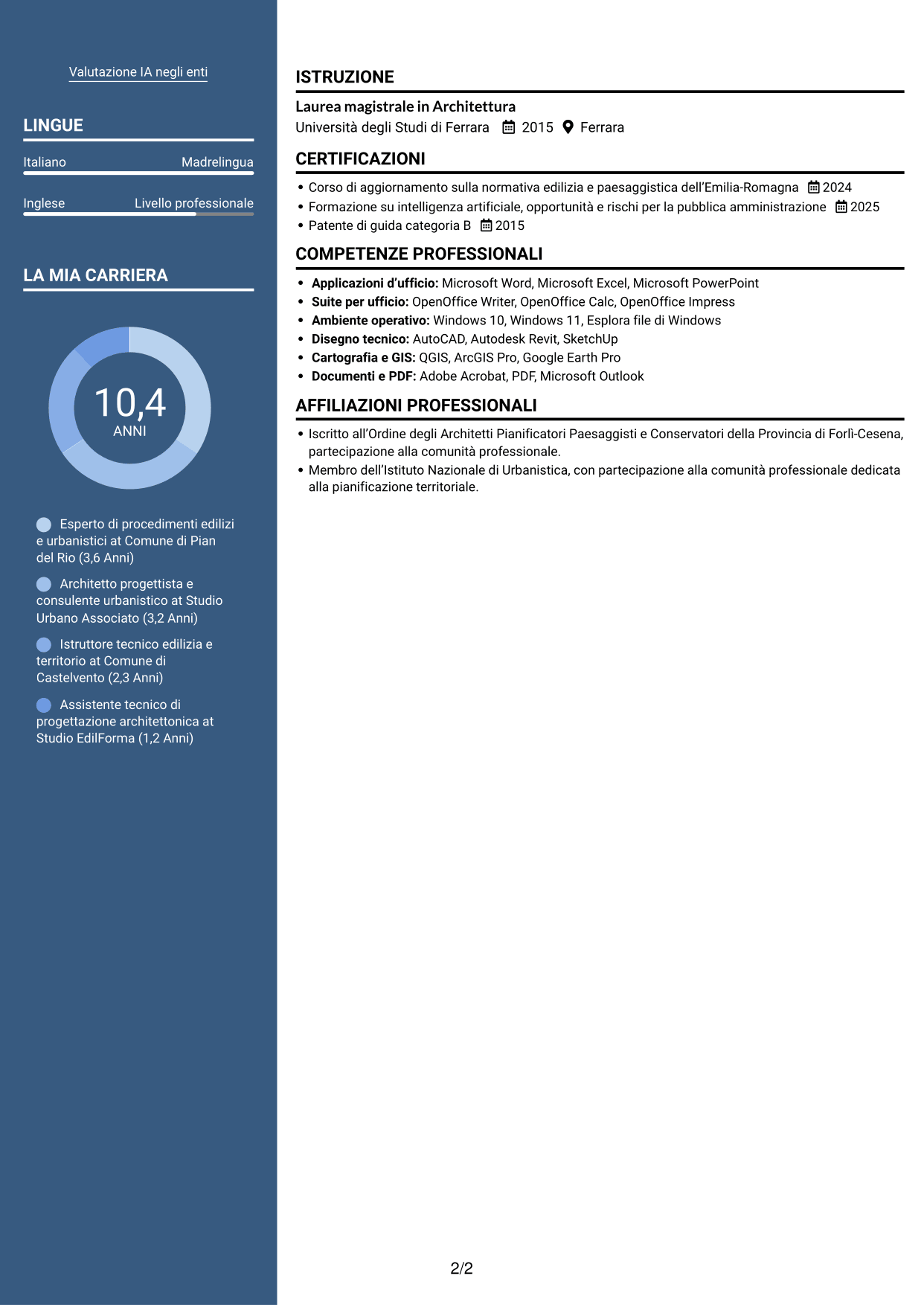 CV Signature (formato con colonna laterale colorata e foto grande): Esperto di progettazione e gestione di progetti complessi - Urbanistica ed edilizia, pagina 2