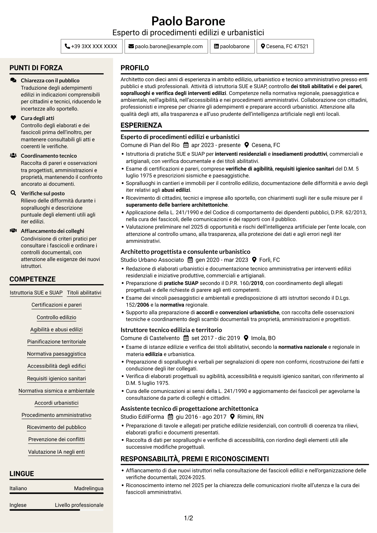 CV Intraprendente (formato a due colonne con intestazione centrata senza foto): Esperto di progettazione e gestione di progetti complessi - Urbanistica ed edilizia, pagina 1