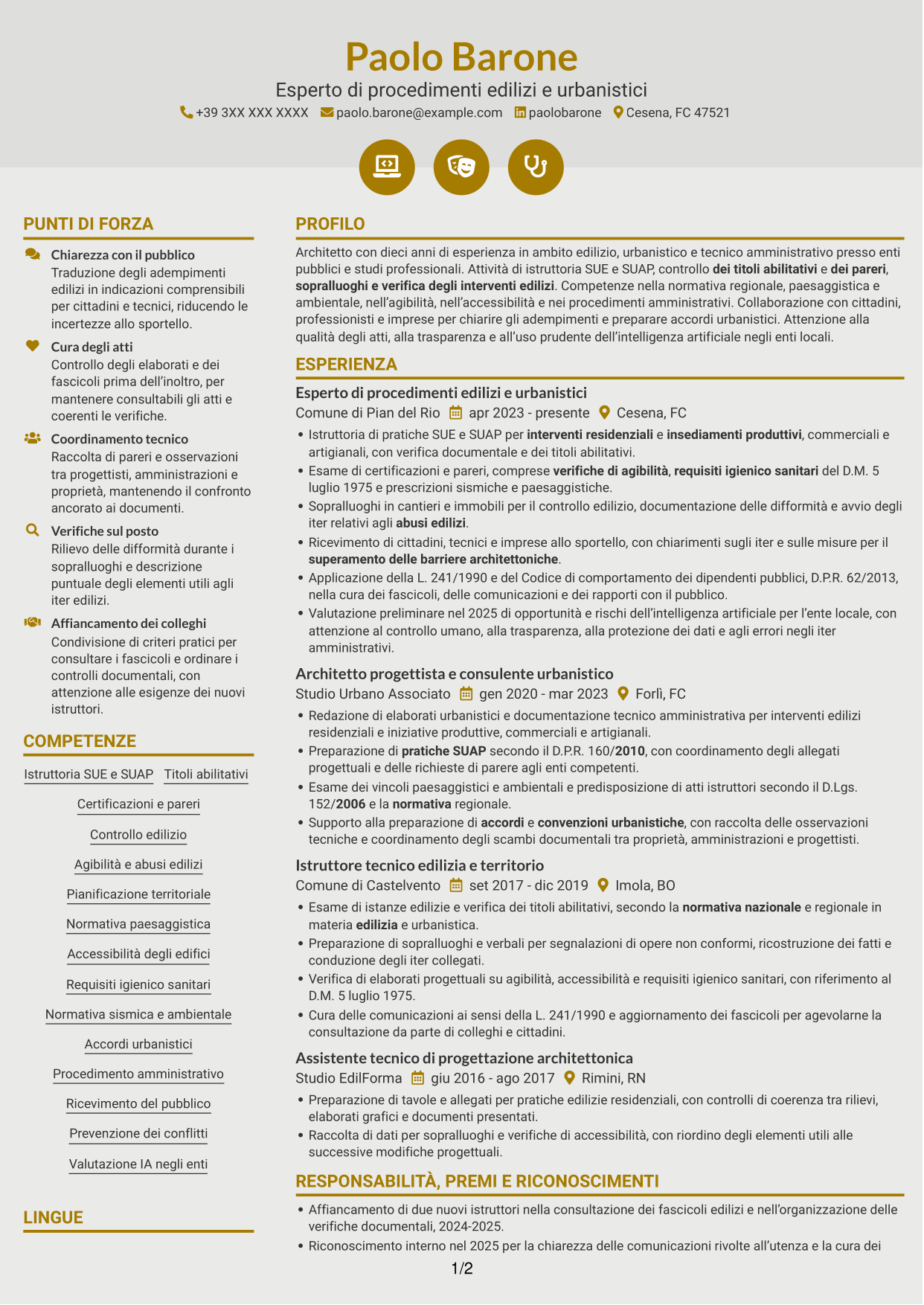 CV Dinamico (formato a due colonne con icone): Esperto di progettazione e gestione di progetti complessi - Urbanistica ed edilizia, pagina 1