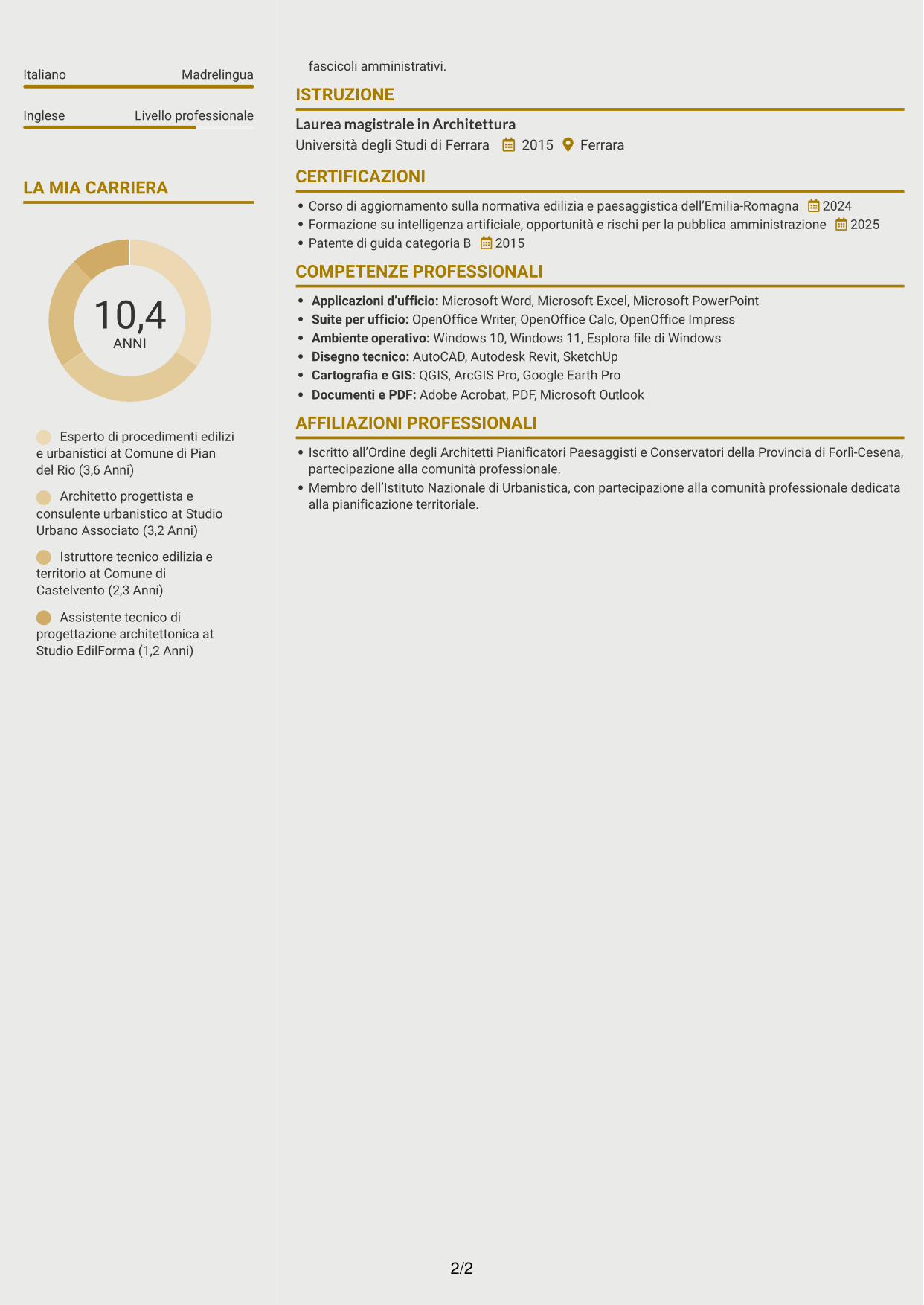 CV Dinamico (formato a due colonne con icone): Esperto di progettazione e gestione di progetti complessi - Urbanistica ed edilizia, pagina 2