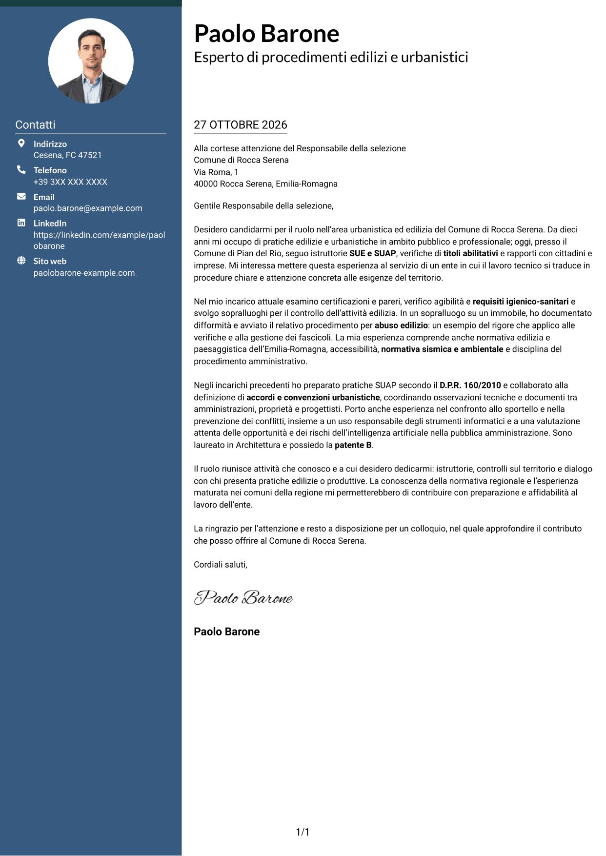 Lettera di presentazione Elegante (formato con colonna laterale colorata e foto): Esperto di progettazione e gestione di progetti complessi - Urbanistica ed edilizia, pagina 1